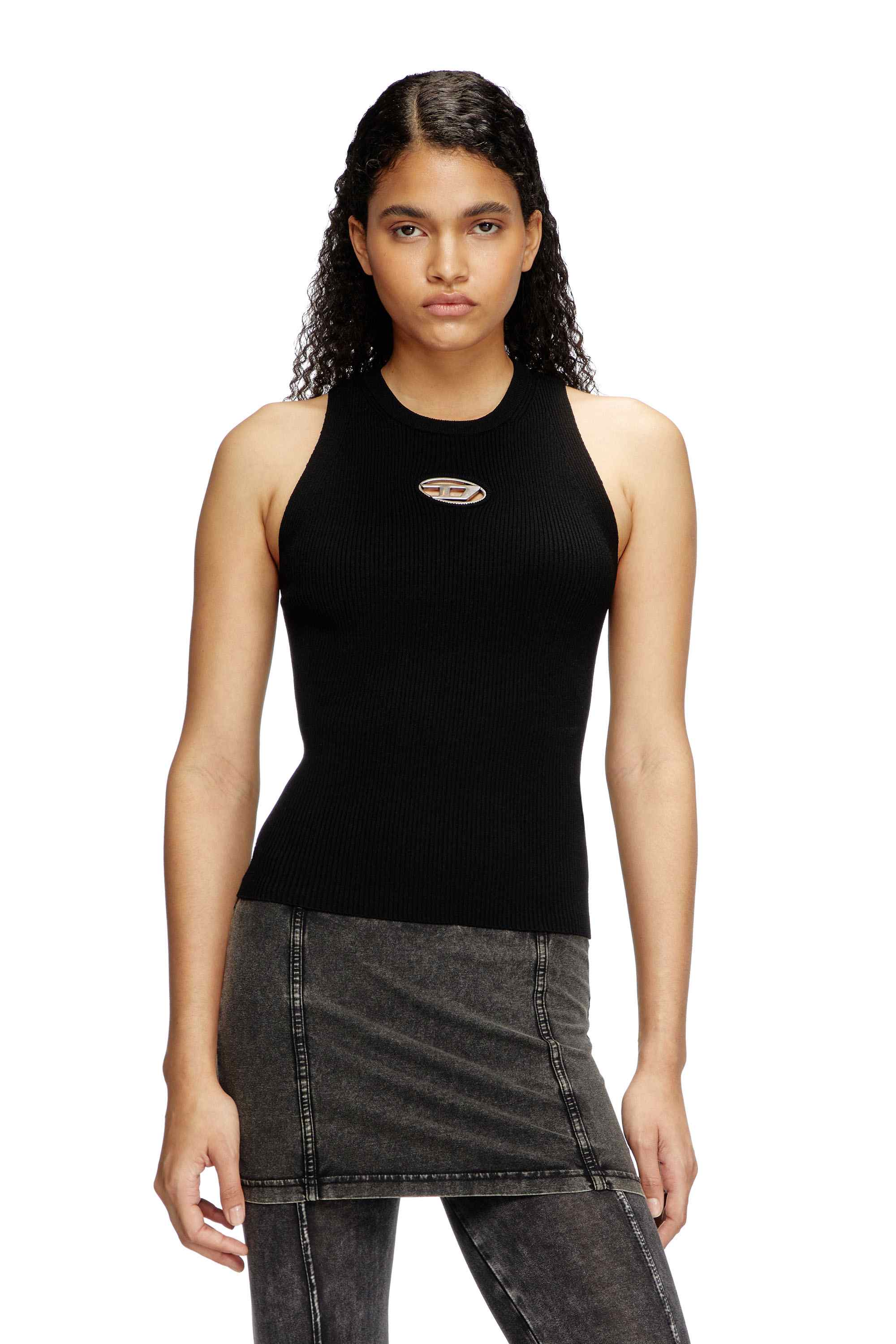 Black Rib-knit top with small logo plaque