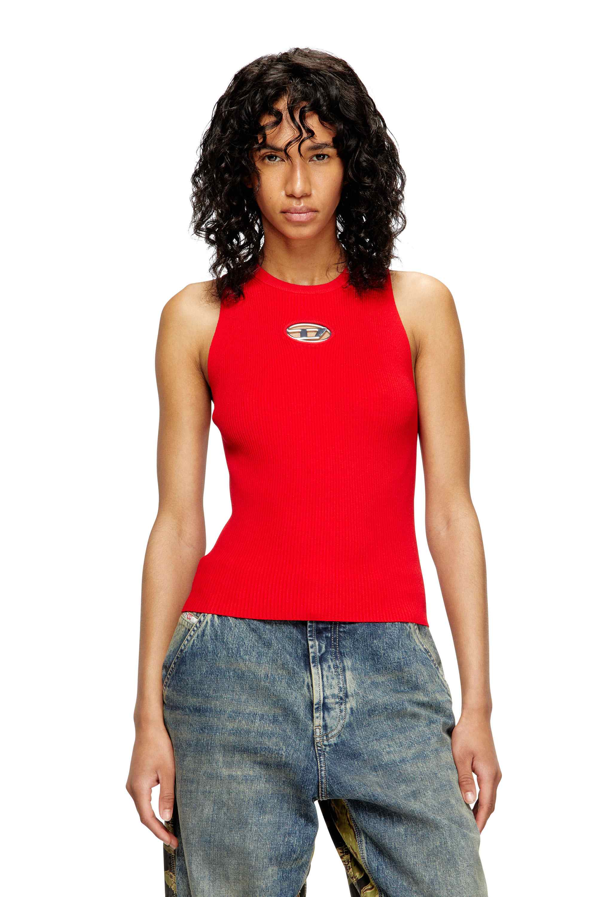 Red Rib-knit top with small logo plaque