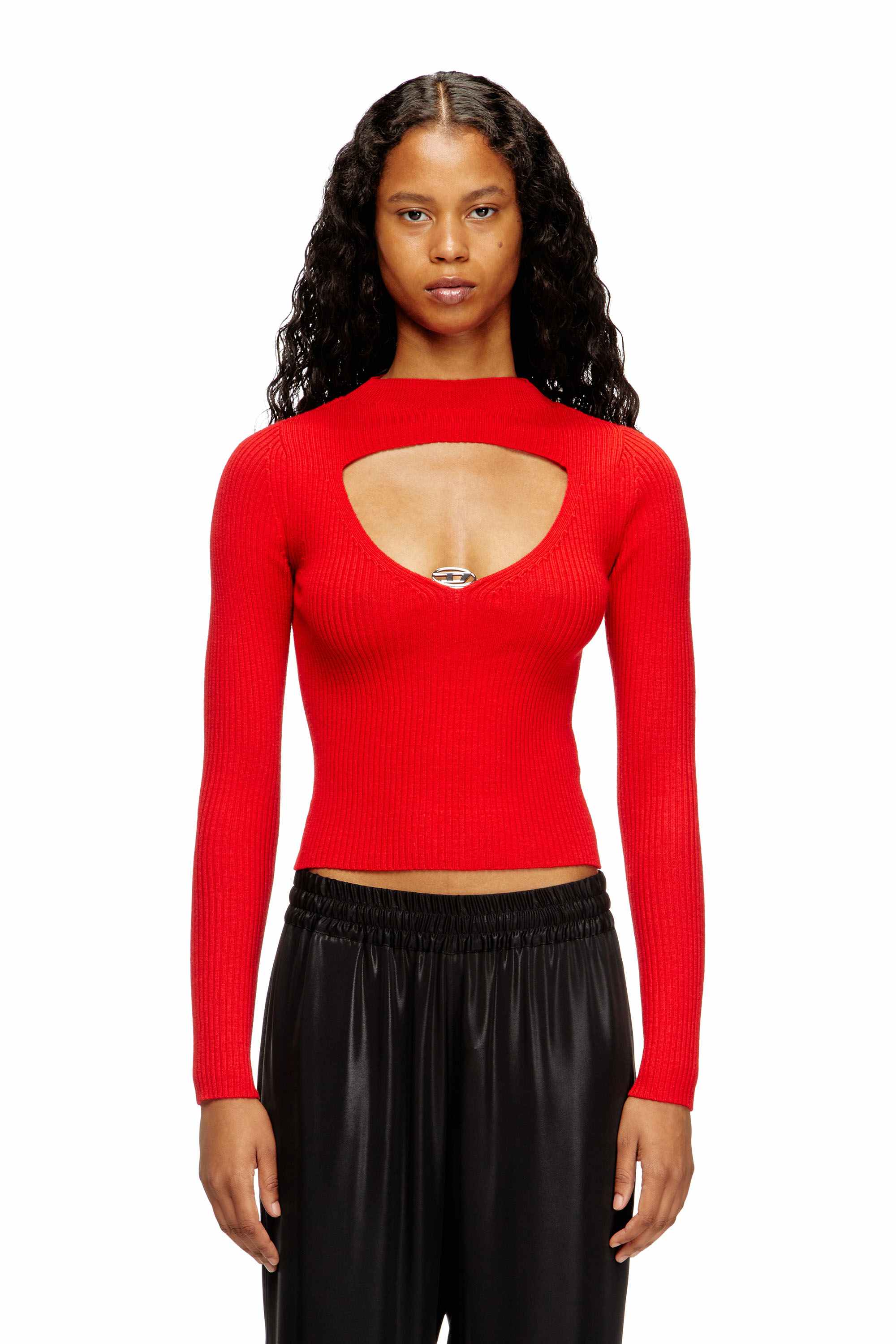 Red Ribbed wool jumper with cut-out