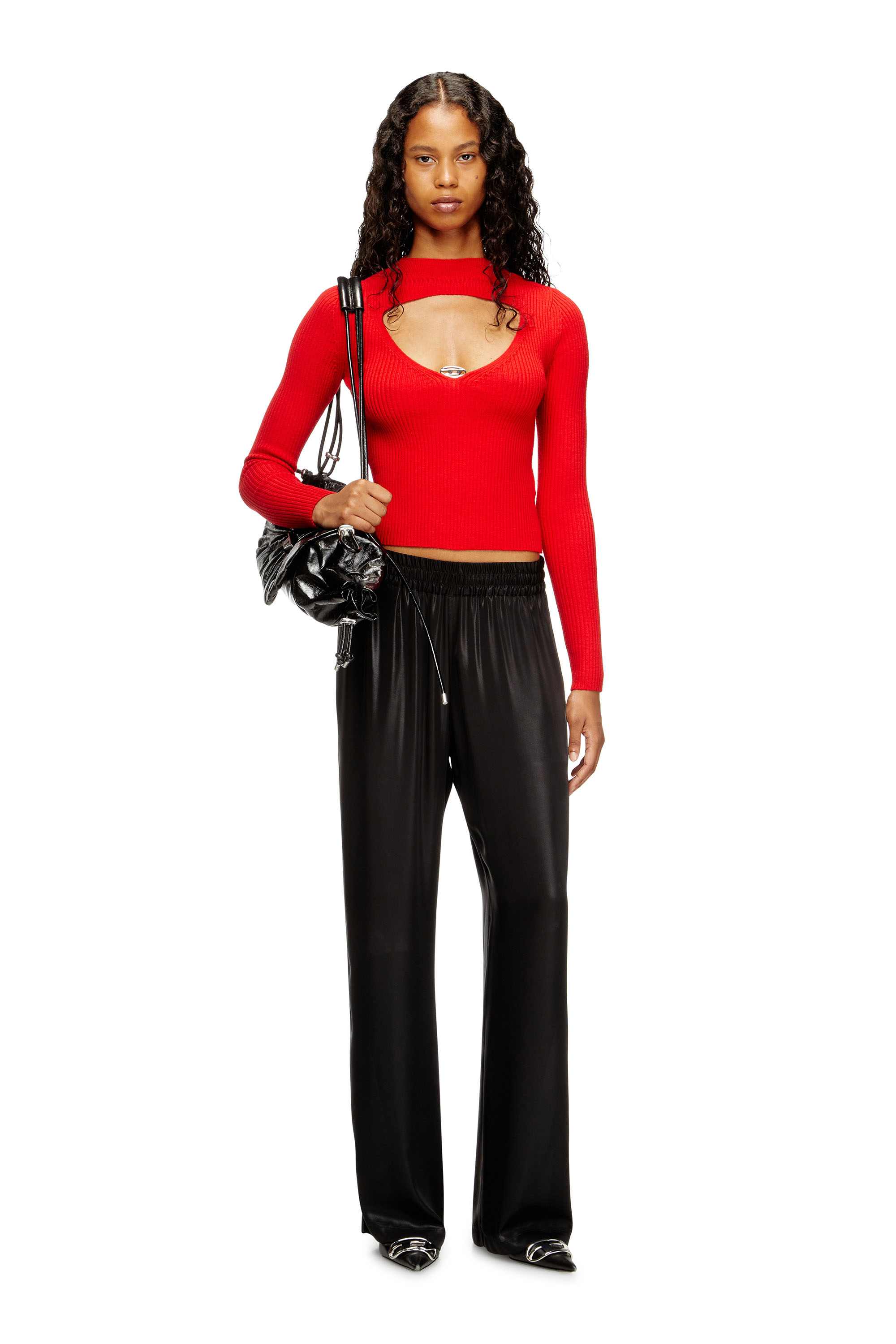 Red Ribbed wool jumper with cut-out