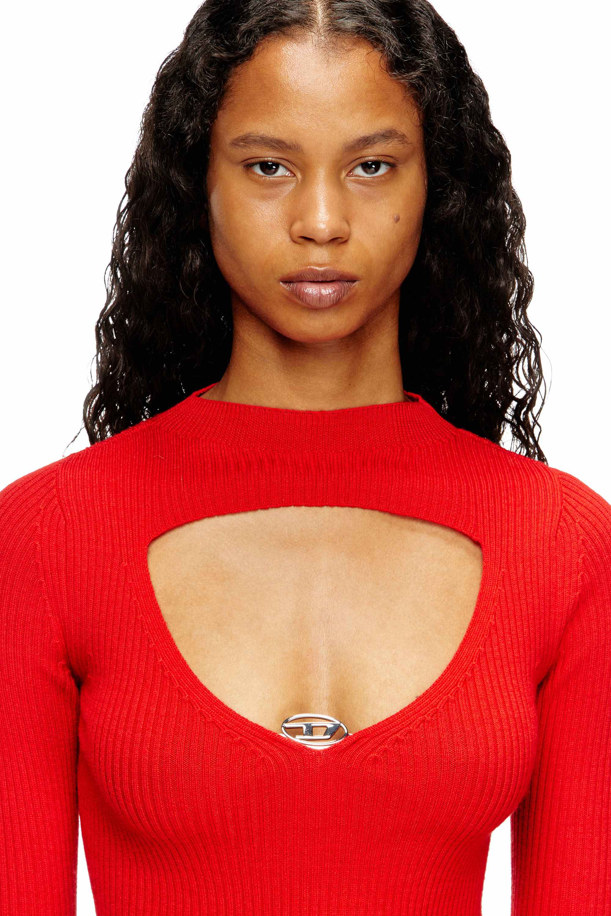 Red Ribbed wool jumper with cut-out