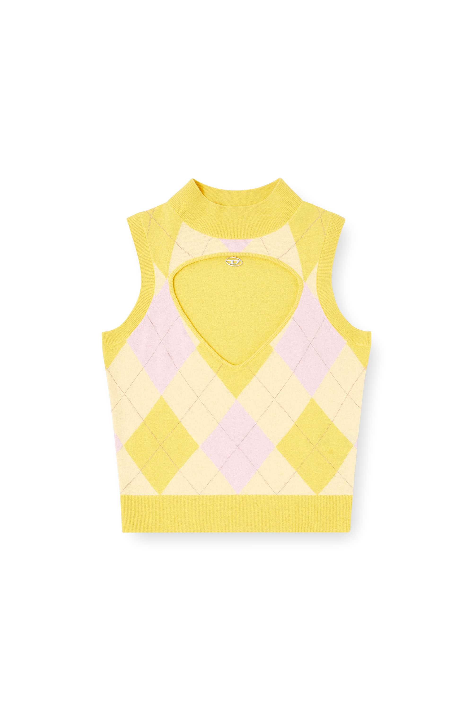 Yellow Cut-out turtleneck vest in argyle wool