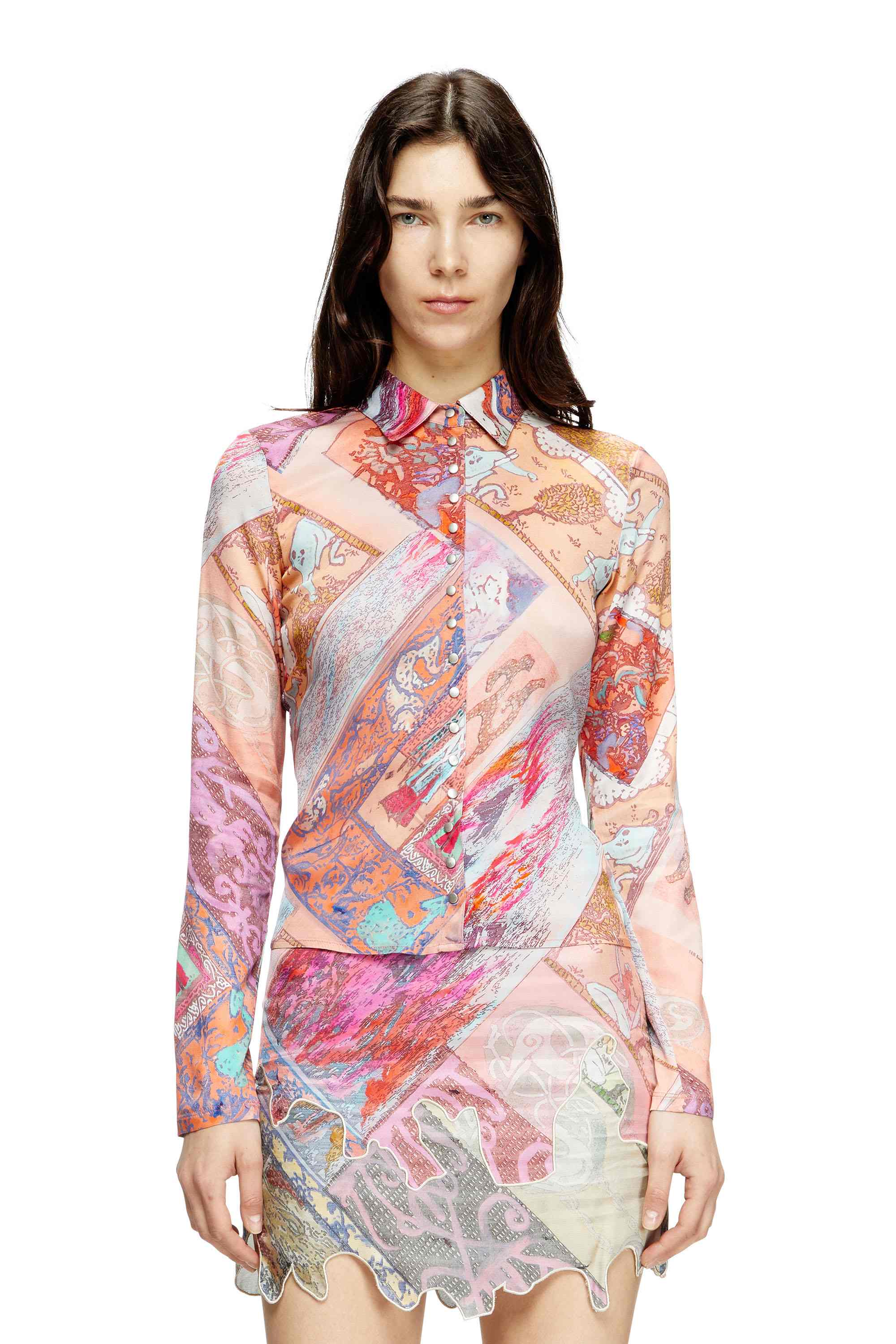 Pink Stretch-viscose shirt with Heraldic print