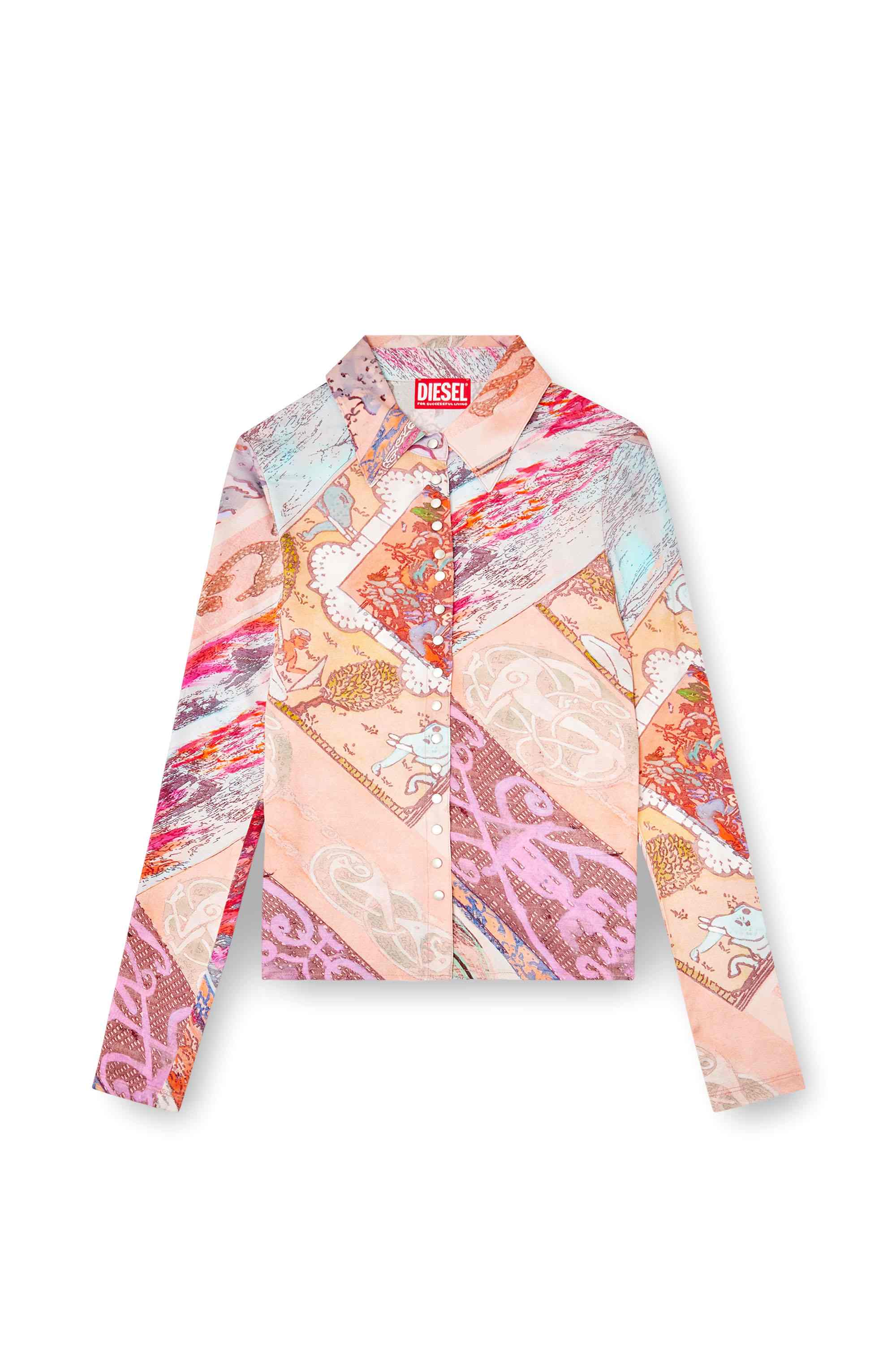 Pink Stretch-viscose shirt with Heraldic print