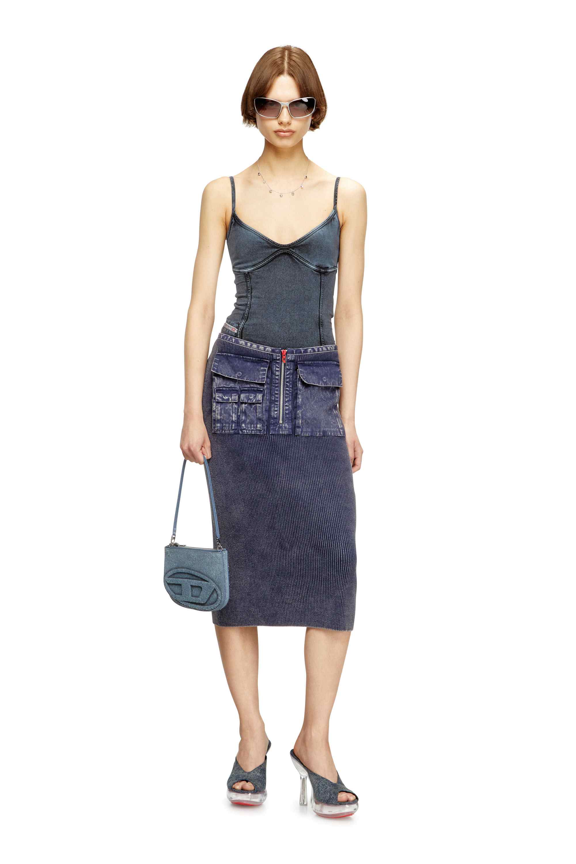 Blue Knit midi skirt with denim cargo pockets