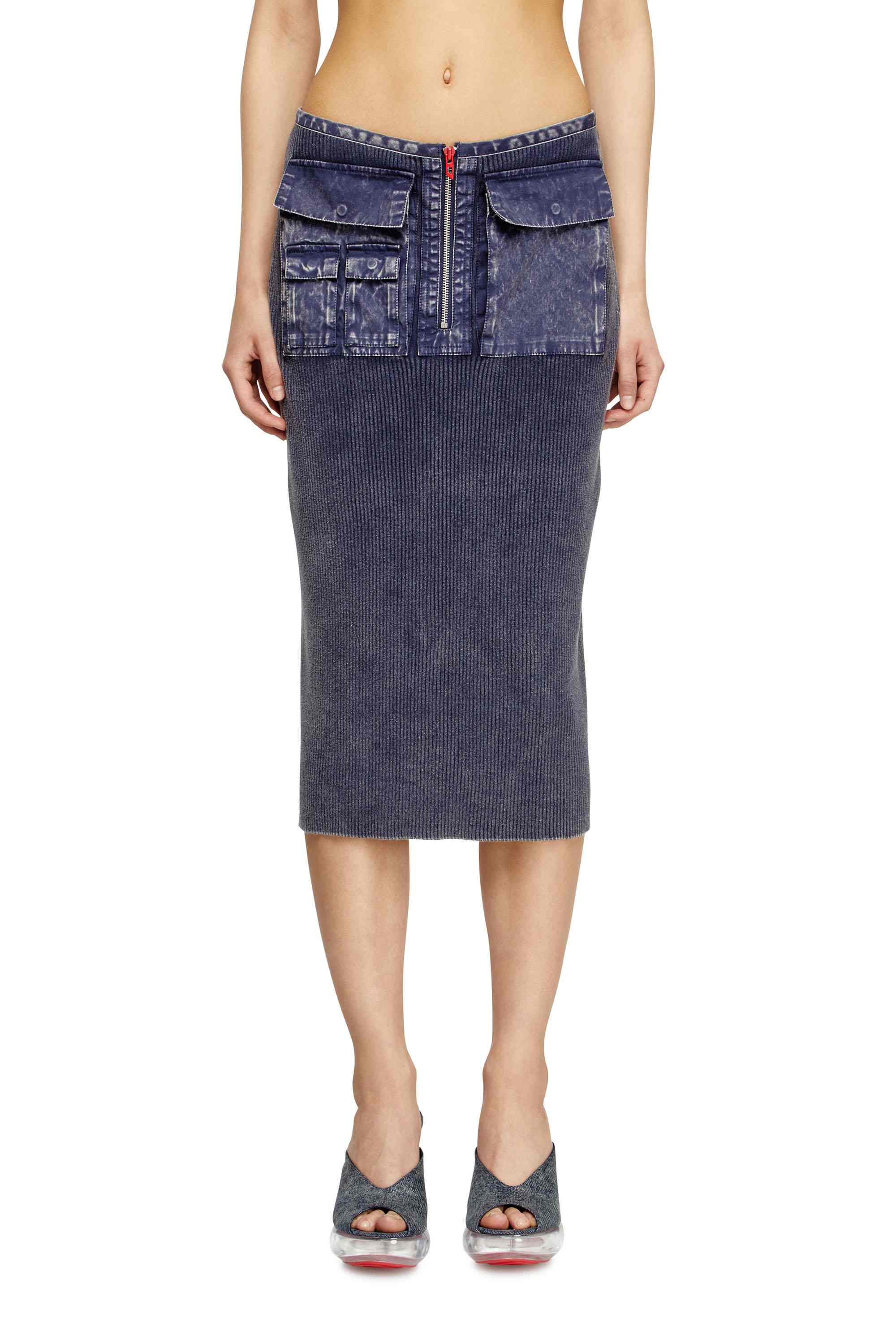 Blue Knit midi skirt with denim cargo pockets