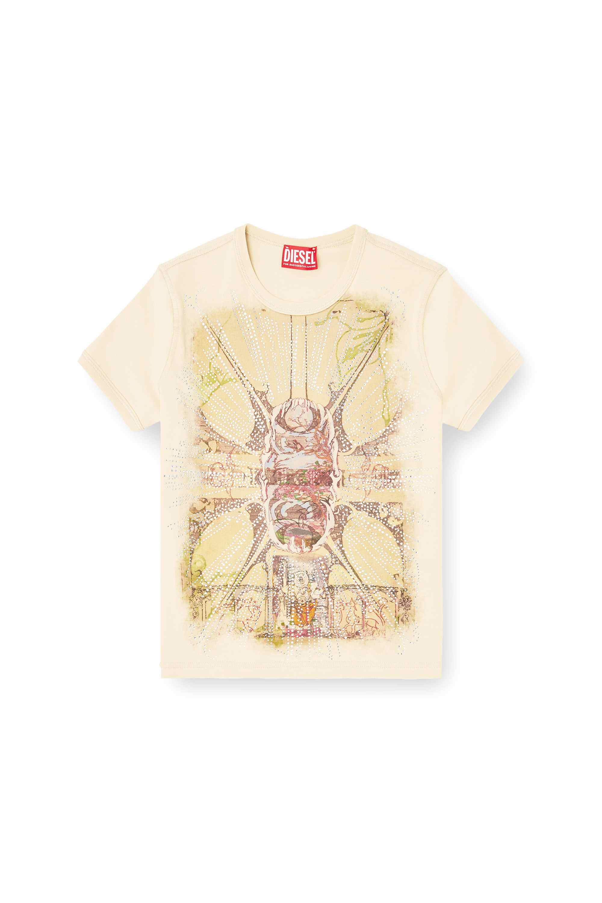 Beige T-shirt with rhinestone graphic