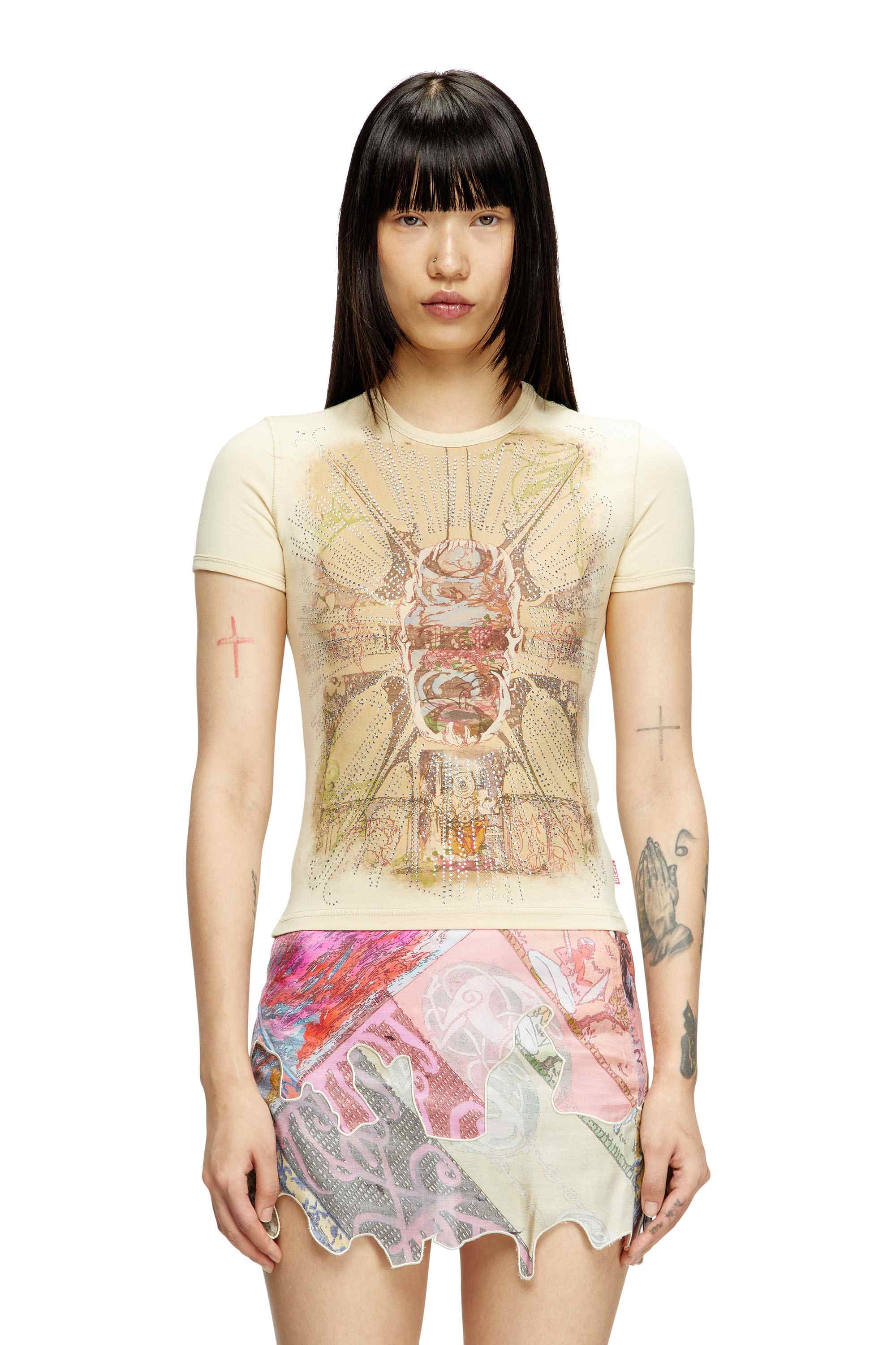 Beige T-shirt with rhinestone graphic