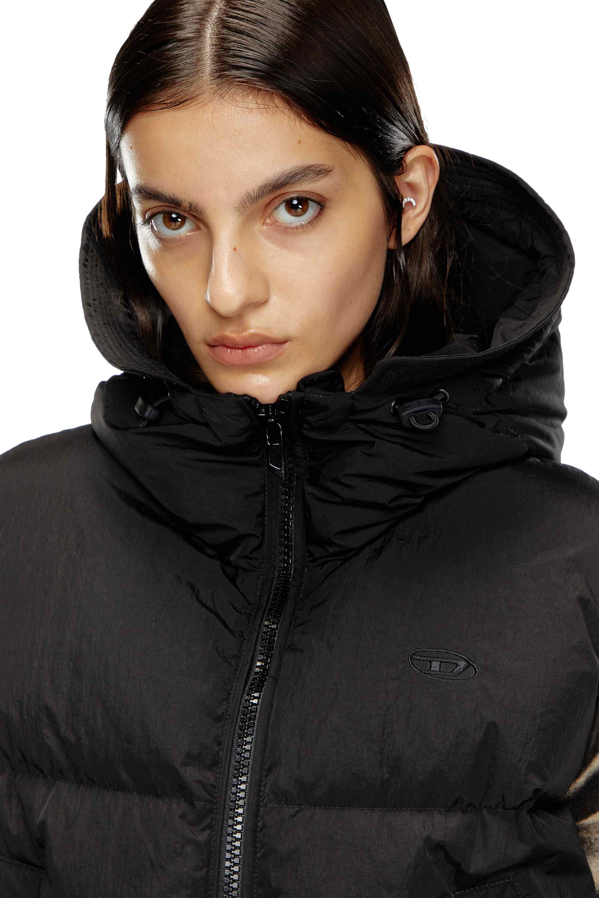 Black Hooded down vest in crinkled nylon
