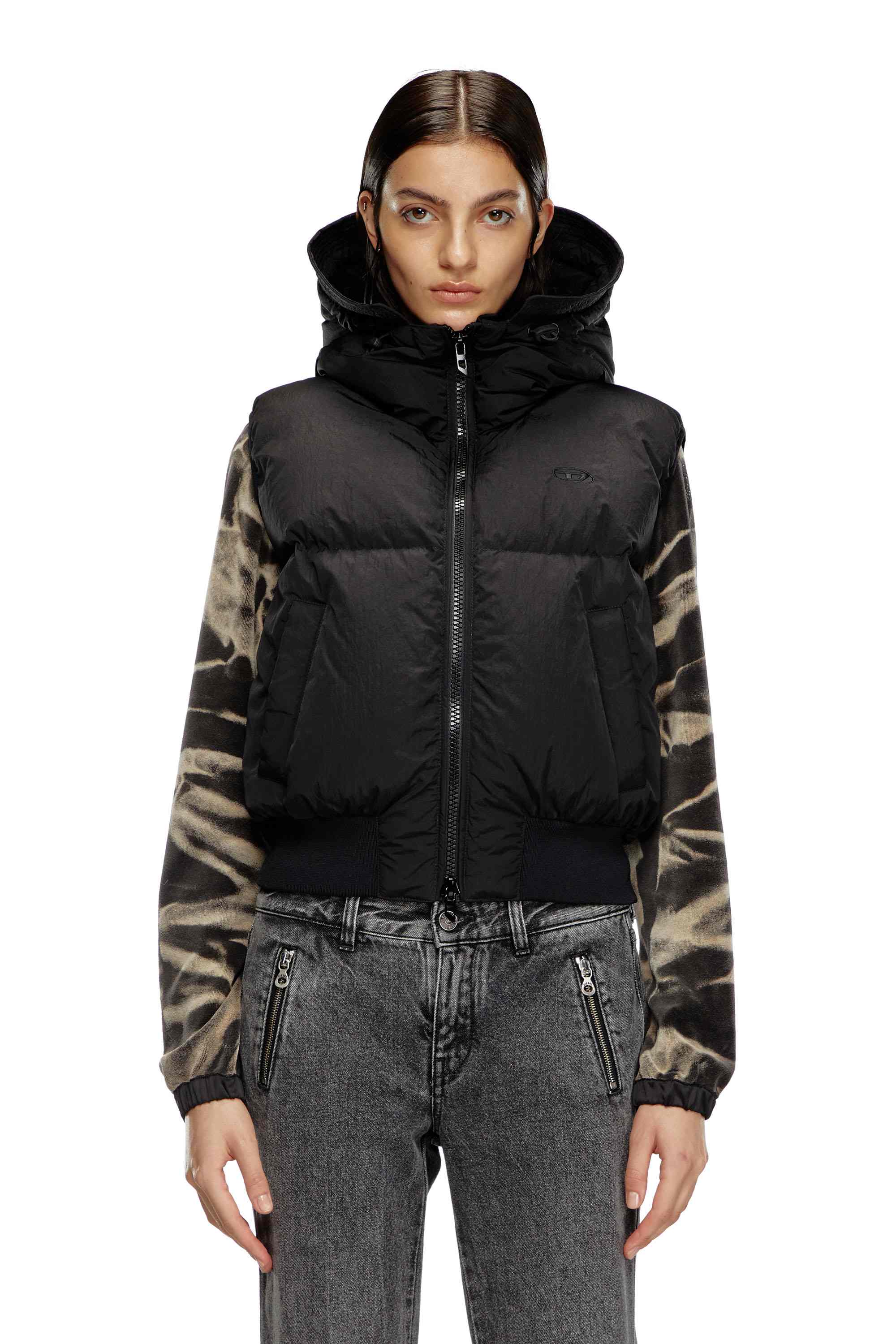 Black Hooded down vest in crinkled nylon