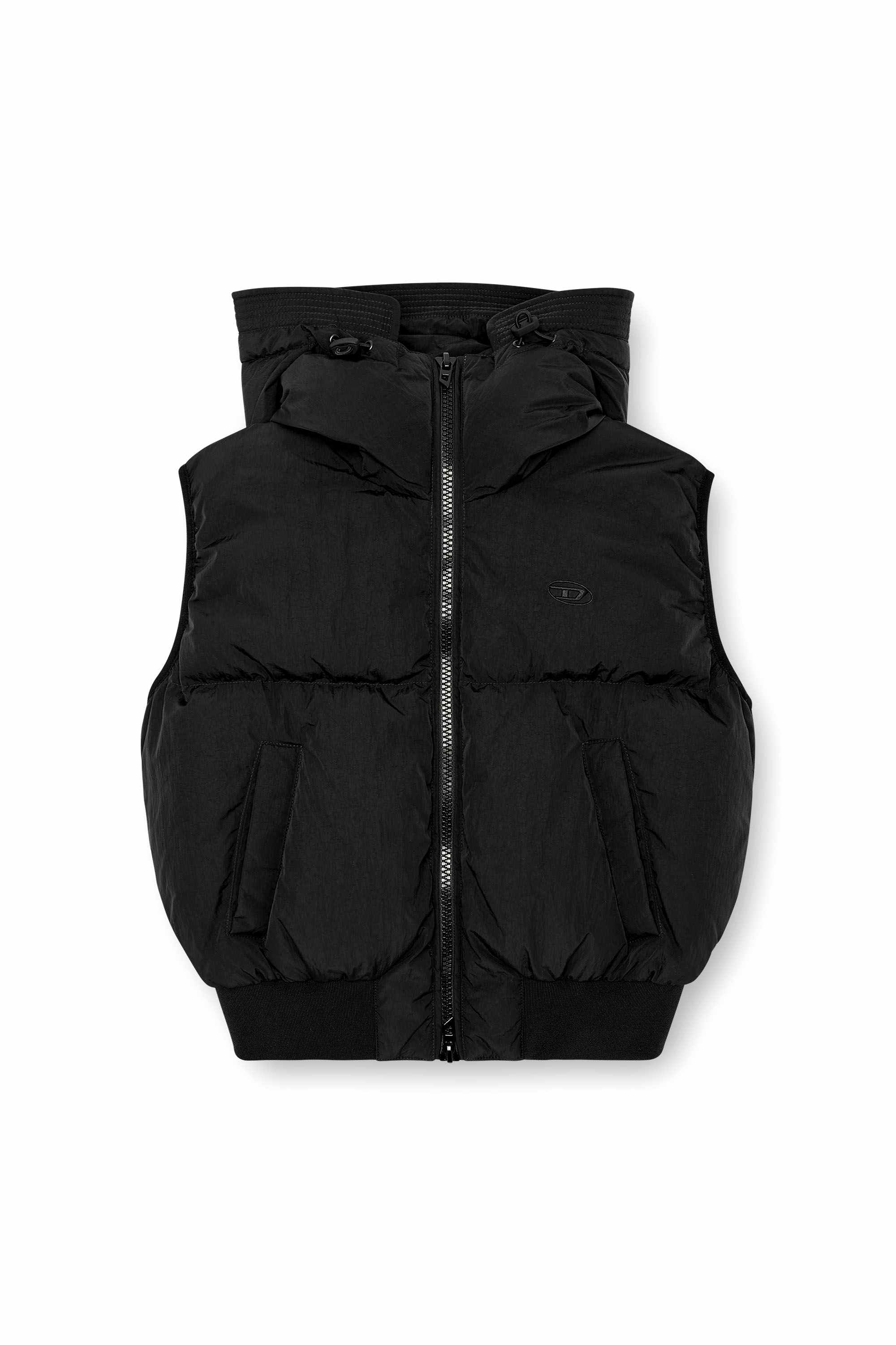 Black Hooded down vest in crinkled nylon