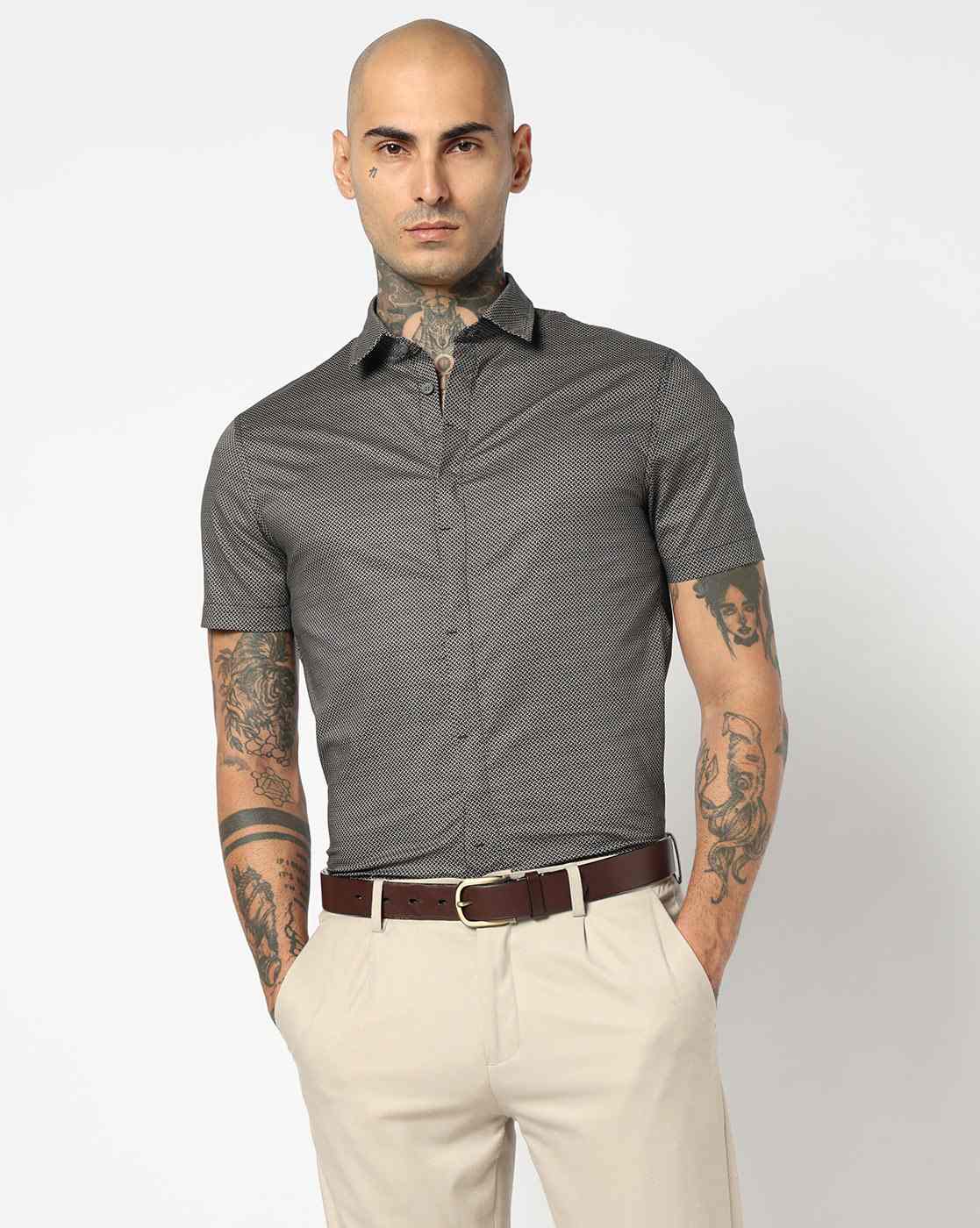 Men Blue Logo Execution Slim Fit Casual Shirts