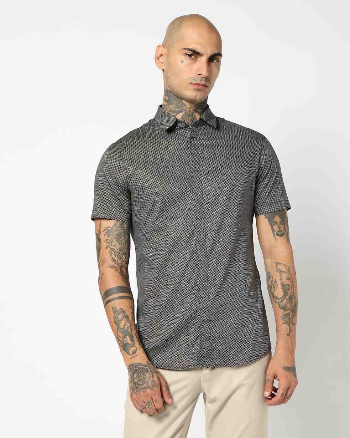 Men Blue Logo Execution Slim Fit Casual Shirts