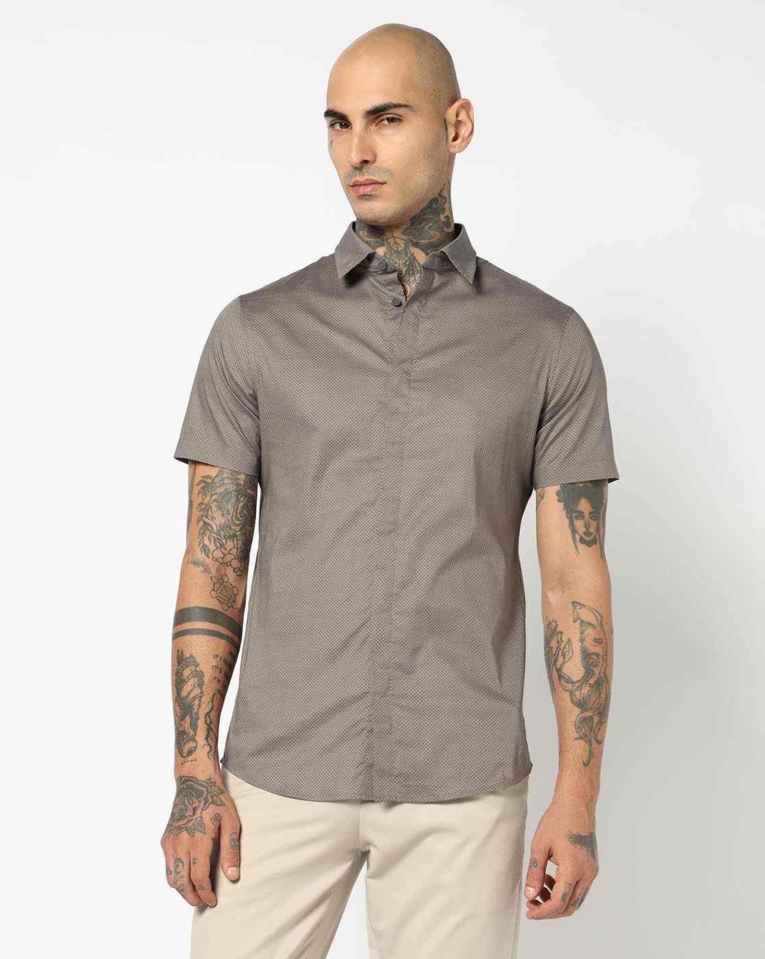 Men Brown Logo Execution Slim Fit Casual Shirts