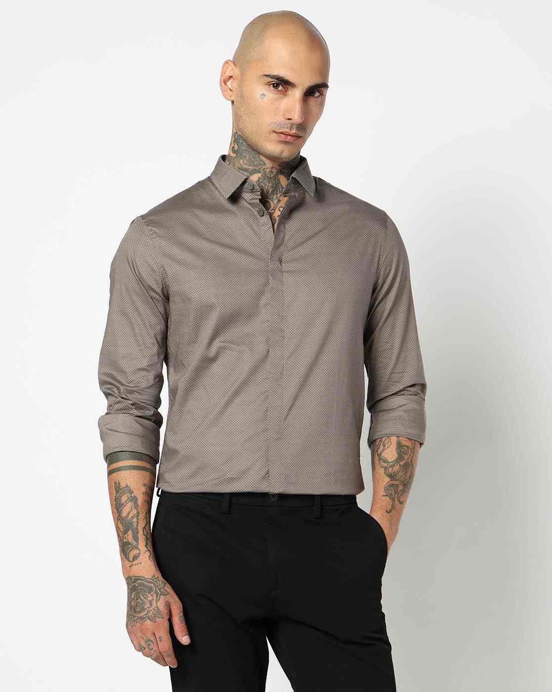 Men Brown Armani Classics Slim Fit Casual Shirts