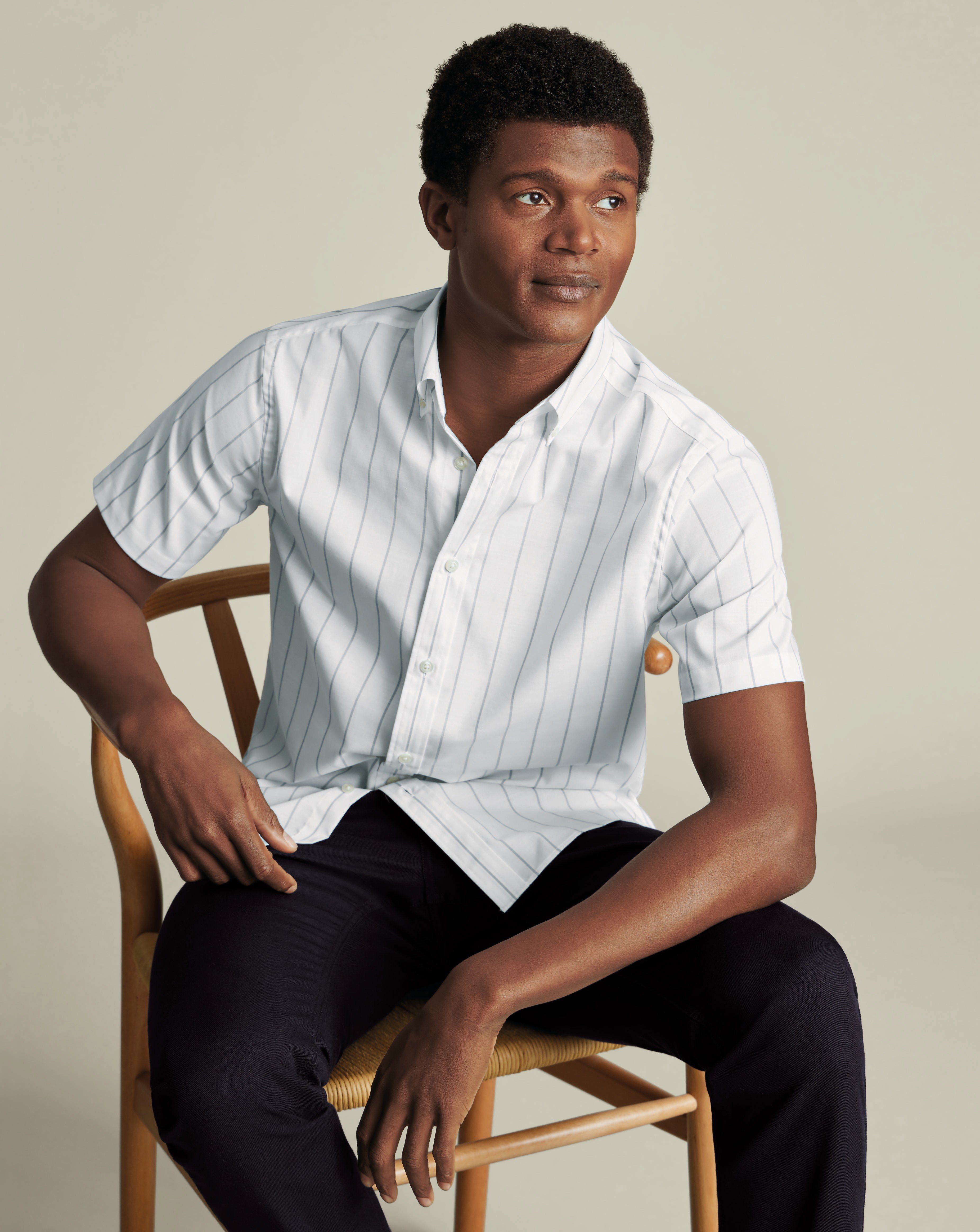 Non-Iron Stretch Poplin Slub Short Sleeve Shirt - White & Blue