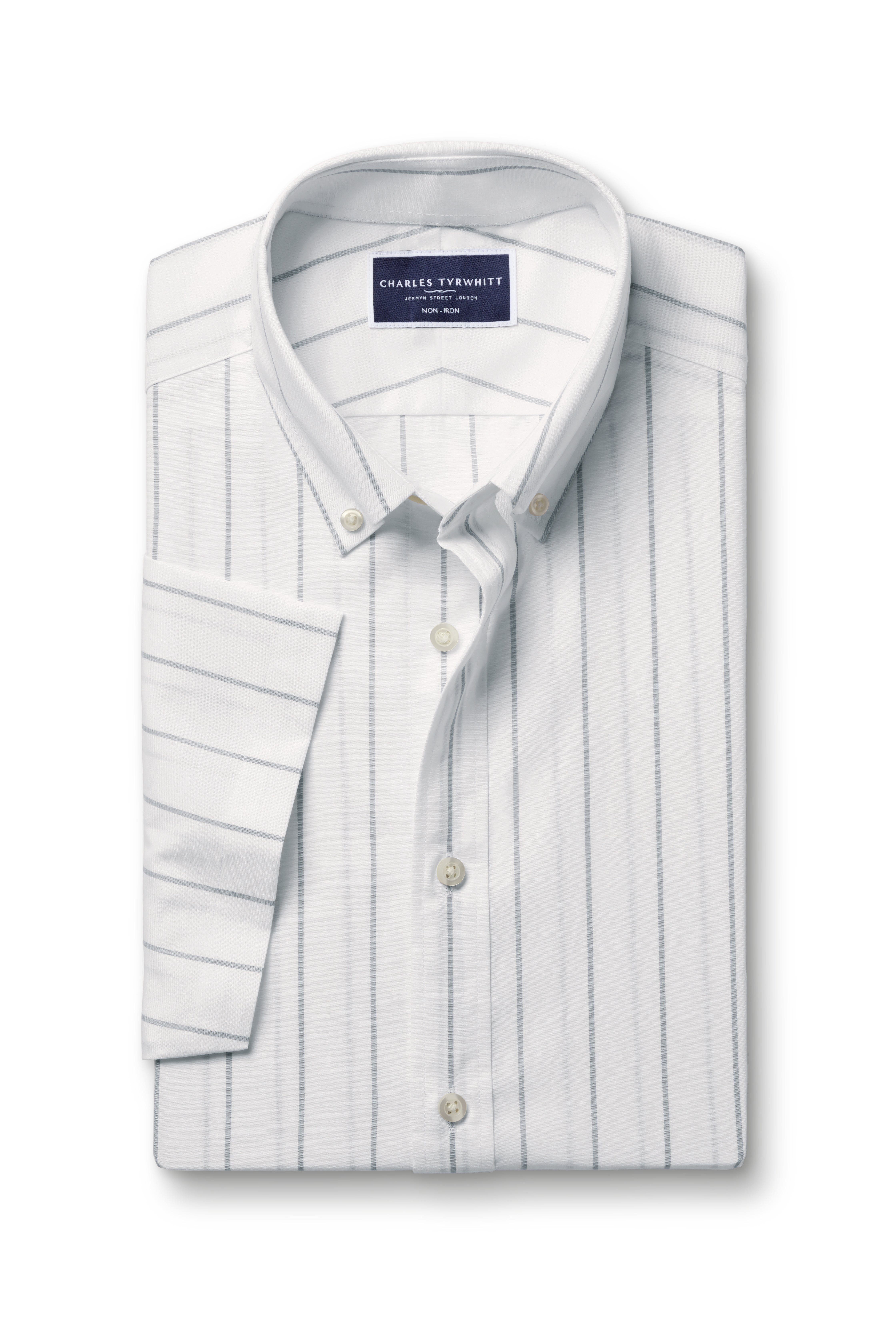 Non-Iron Stretch Poplin Slub Short Sleeve Shirt - White & Blue