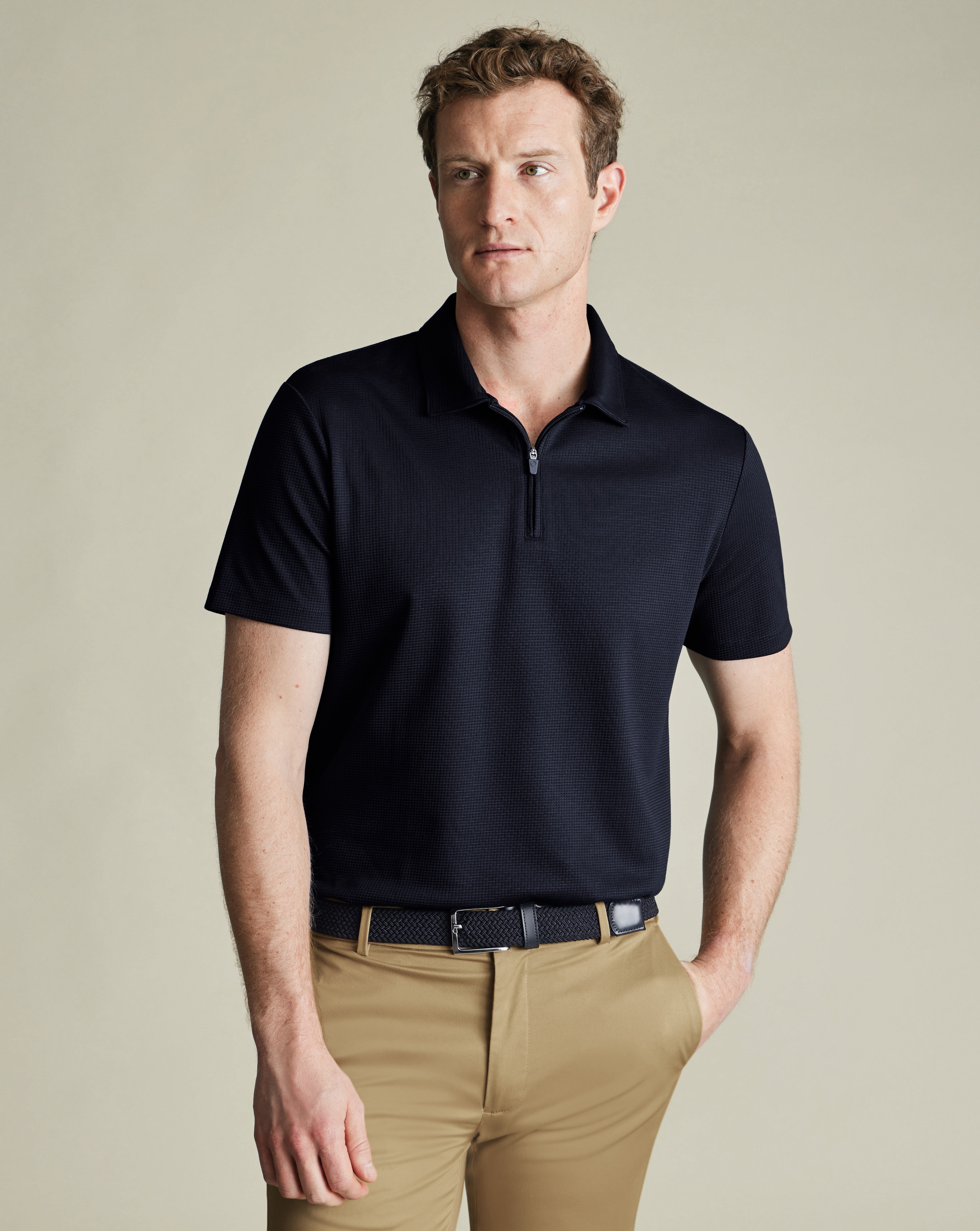 Performance Textured Zip-Neck Polo - Navy