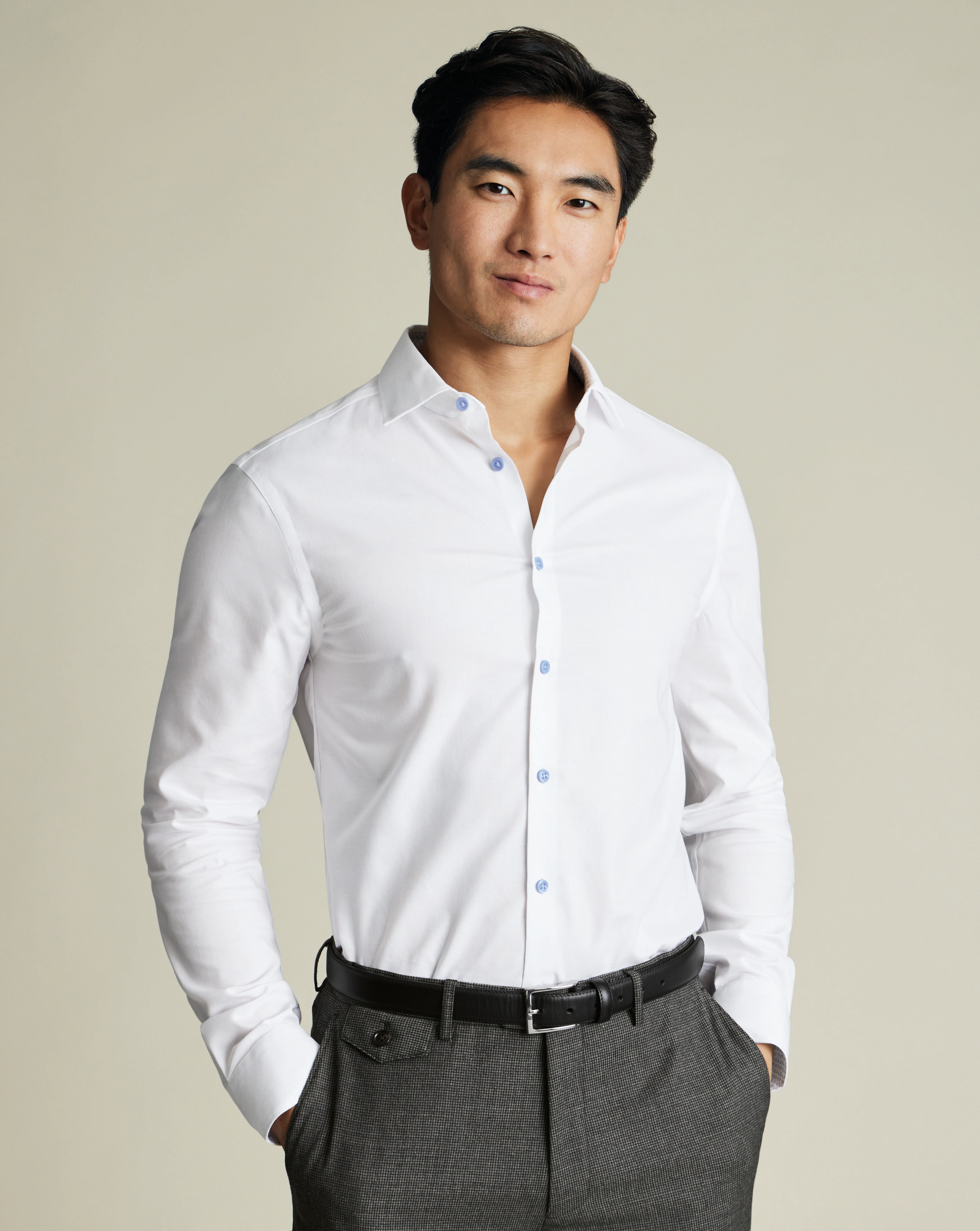 Non-Iron Stretch Printed Trim Shirt - White