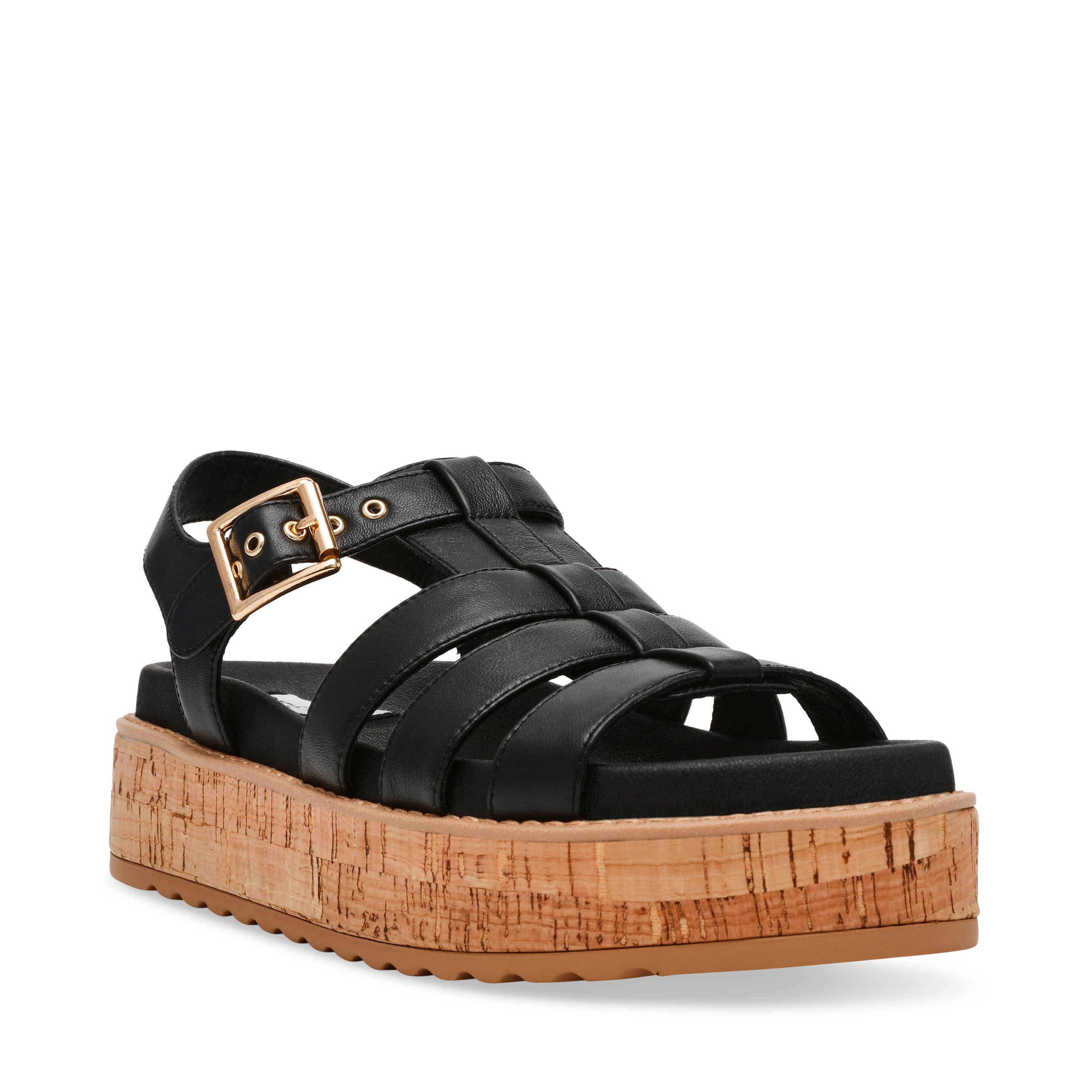 Busybee-In Black Leather Wedges