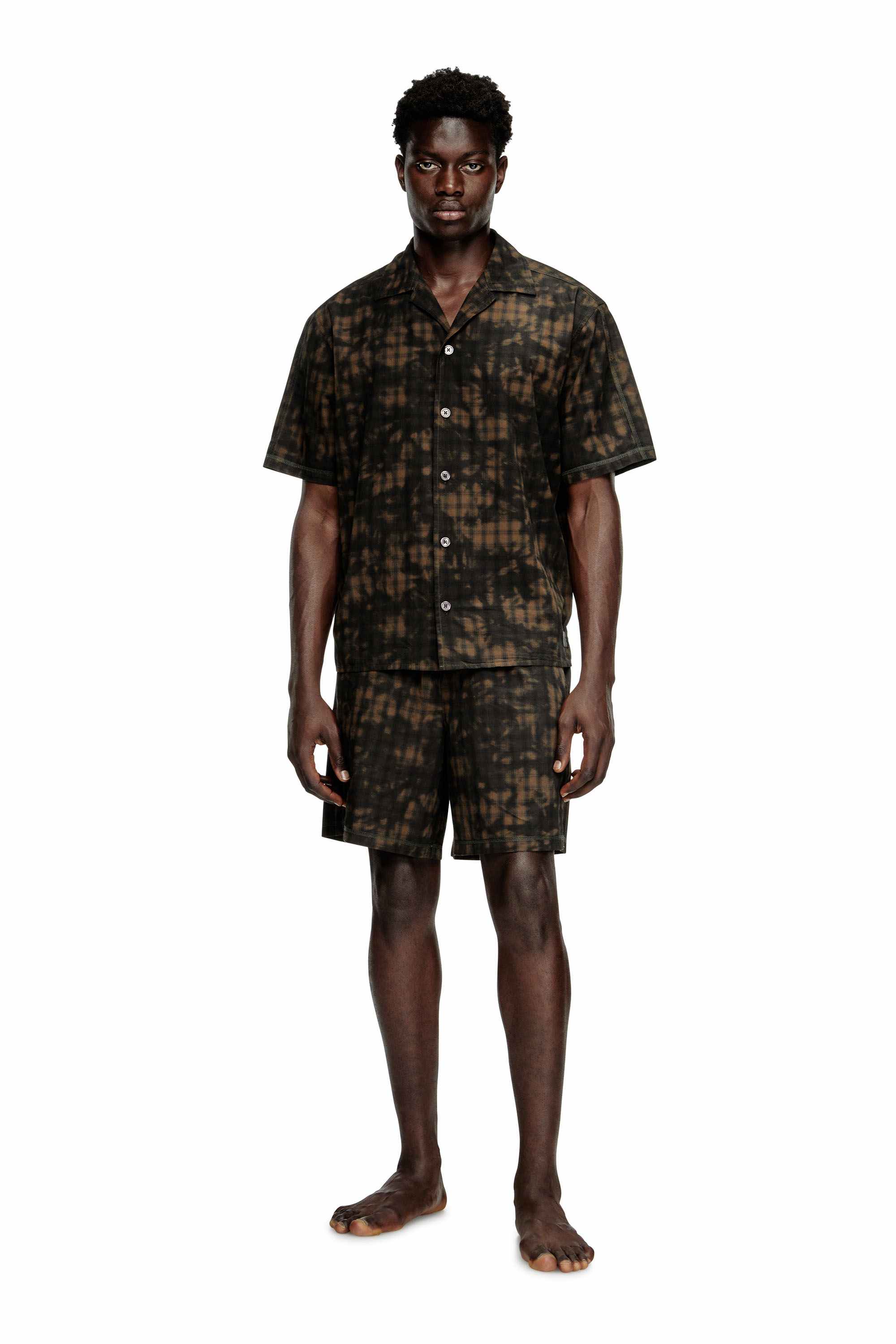 Green Short pajamas in cloudy-print check cotton