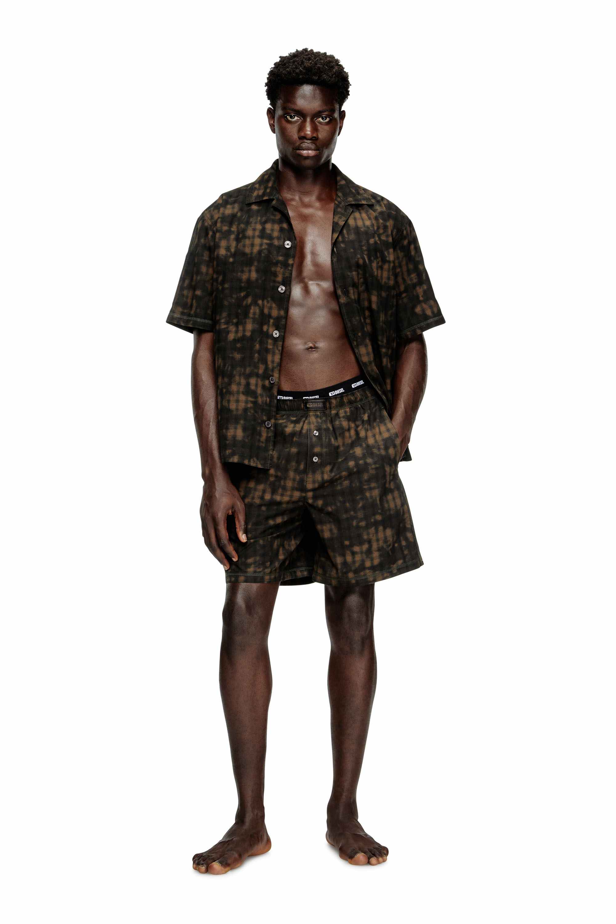 Green Short pajamas in cloudy-print check cotton