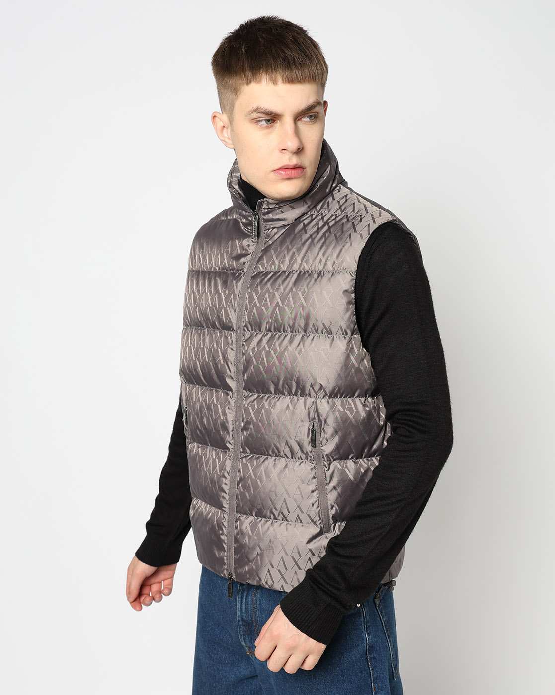 Men Grey Allover Logo Regular Fit Front Open Jackets