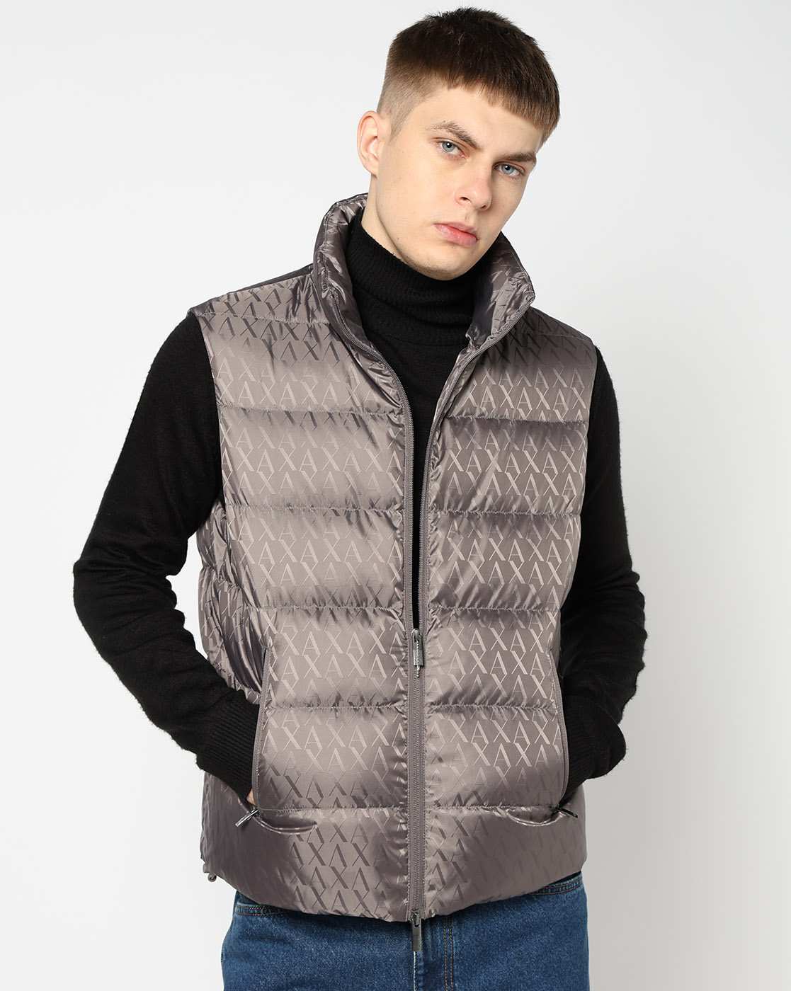 Men Grey Allover Logo Regular Fit Front Open Jackets