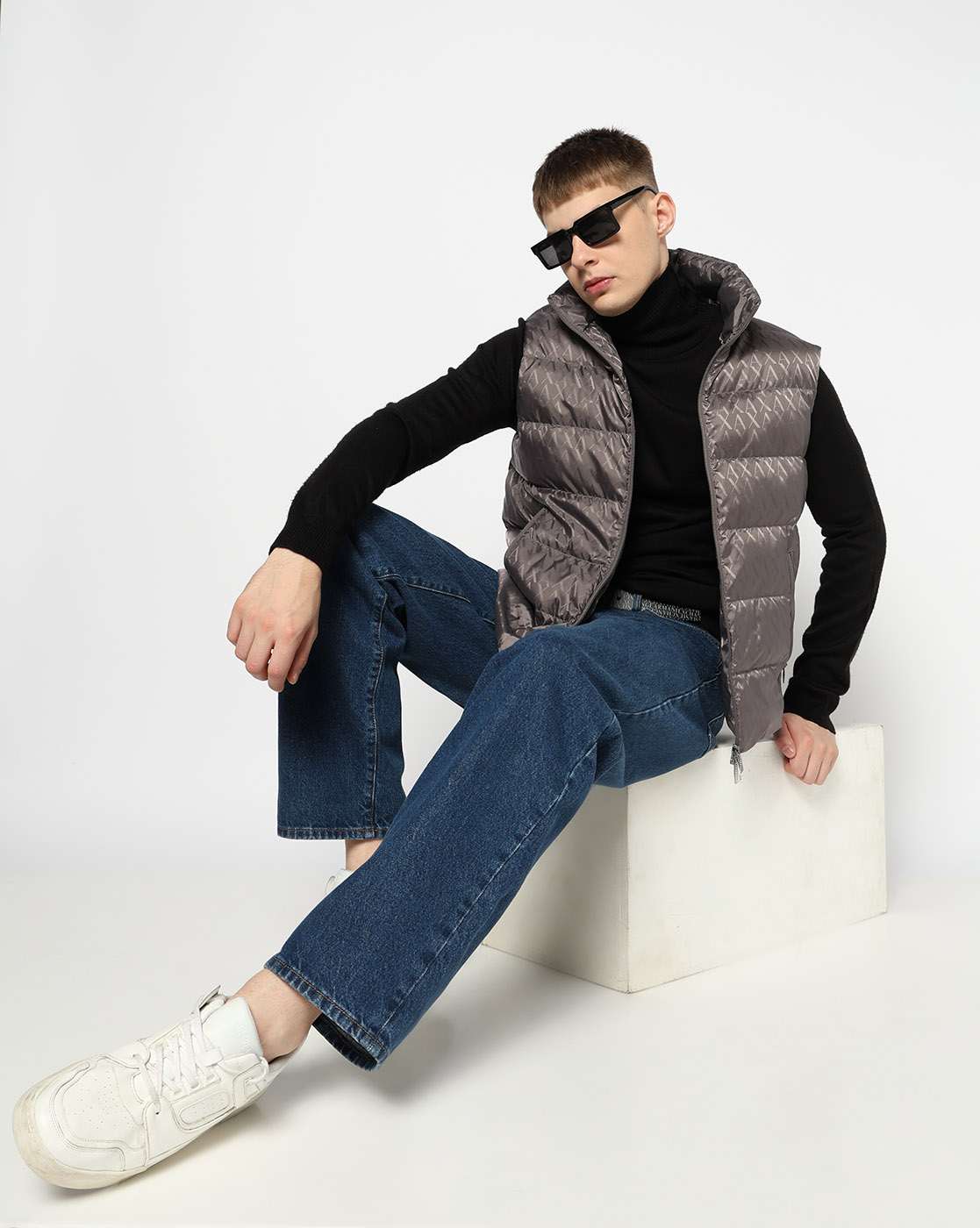 Men Grey Allover Logo Regular Fit Front Open Jackets