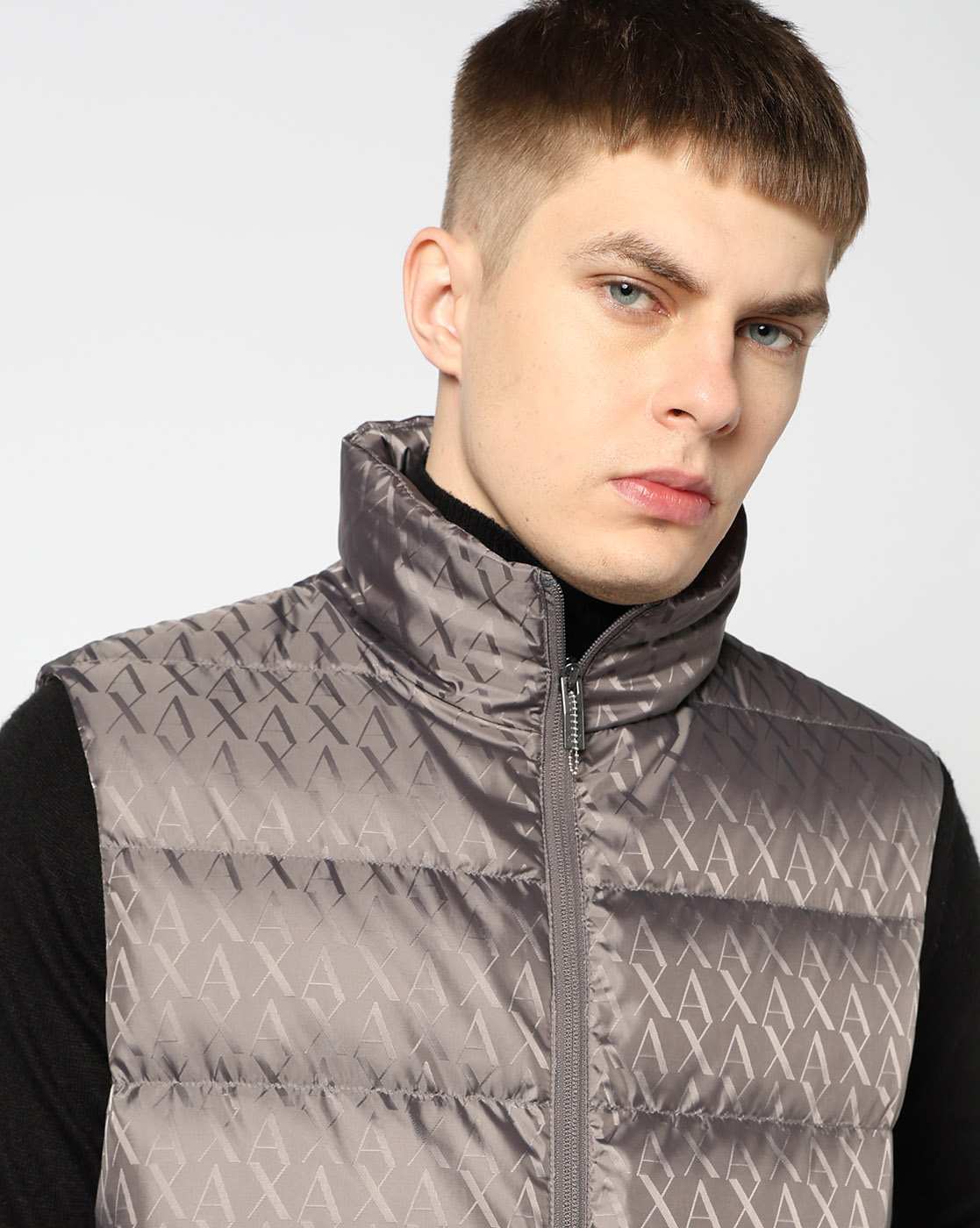 Men Grey Allover Logo Regular Fit Front Open Jackets