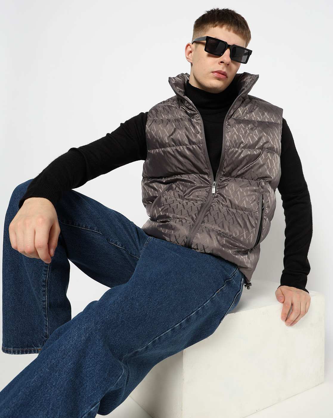 Men Grey Allover Logo Regular Fit Front Open Jackets
