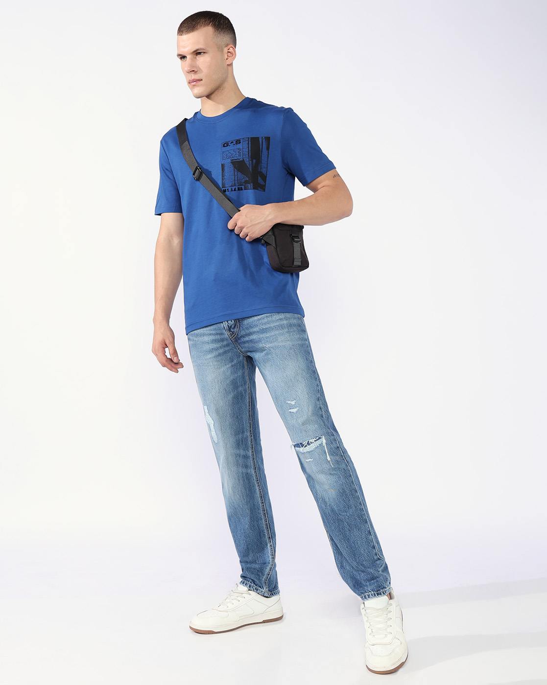 GAS | Nico Tapered Fit Mid Rise Mid Distress Light Wash Blue Jeans