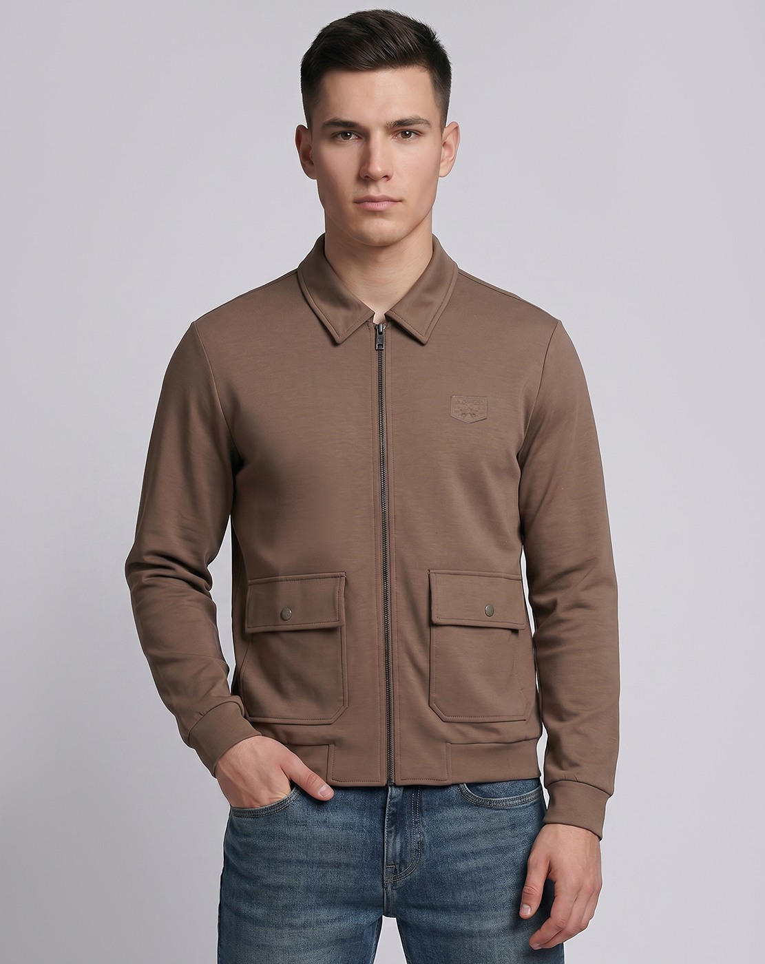 Solid Regular Fit Trucket Brown Jacket with Stretch