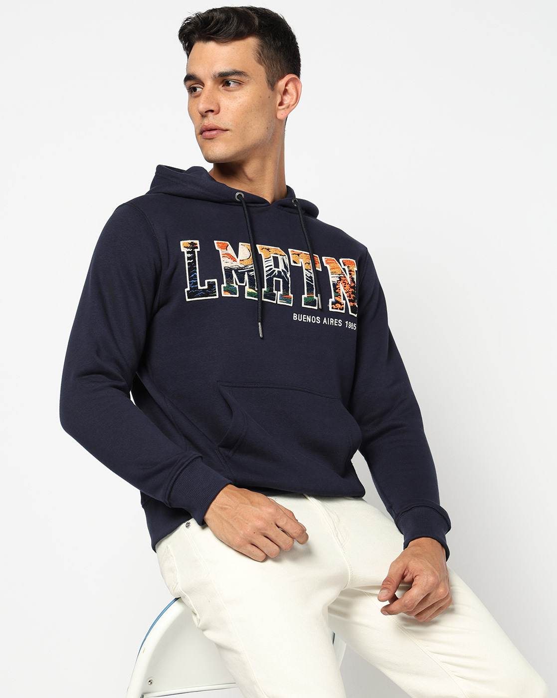 Cotton Blend Solid Regular Fit Navy Hooded Sweatshirt