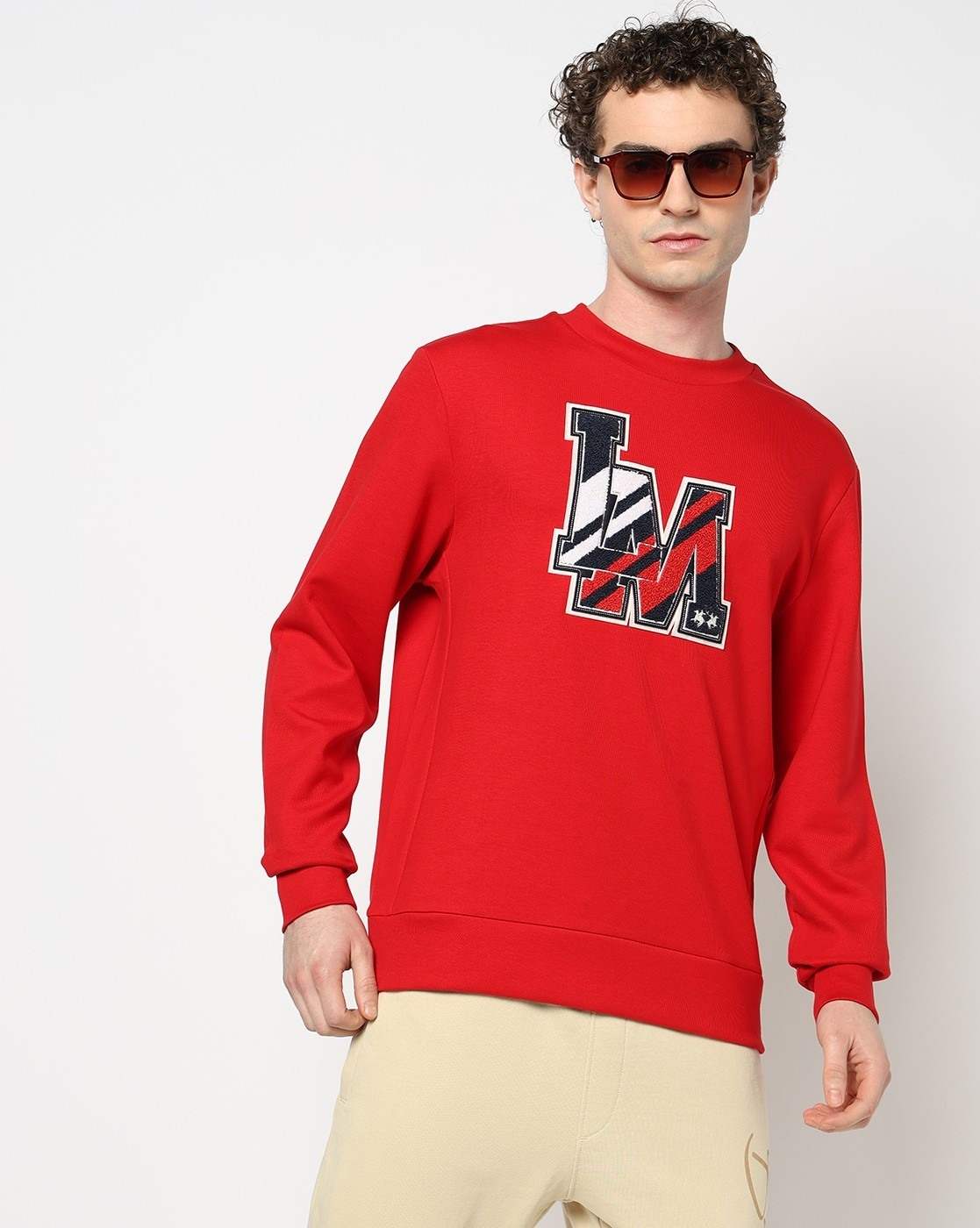 Cotton Stretch Solid Regular Fit Chest Graphic Red Sweatshirt
