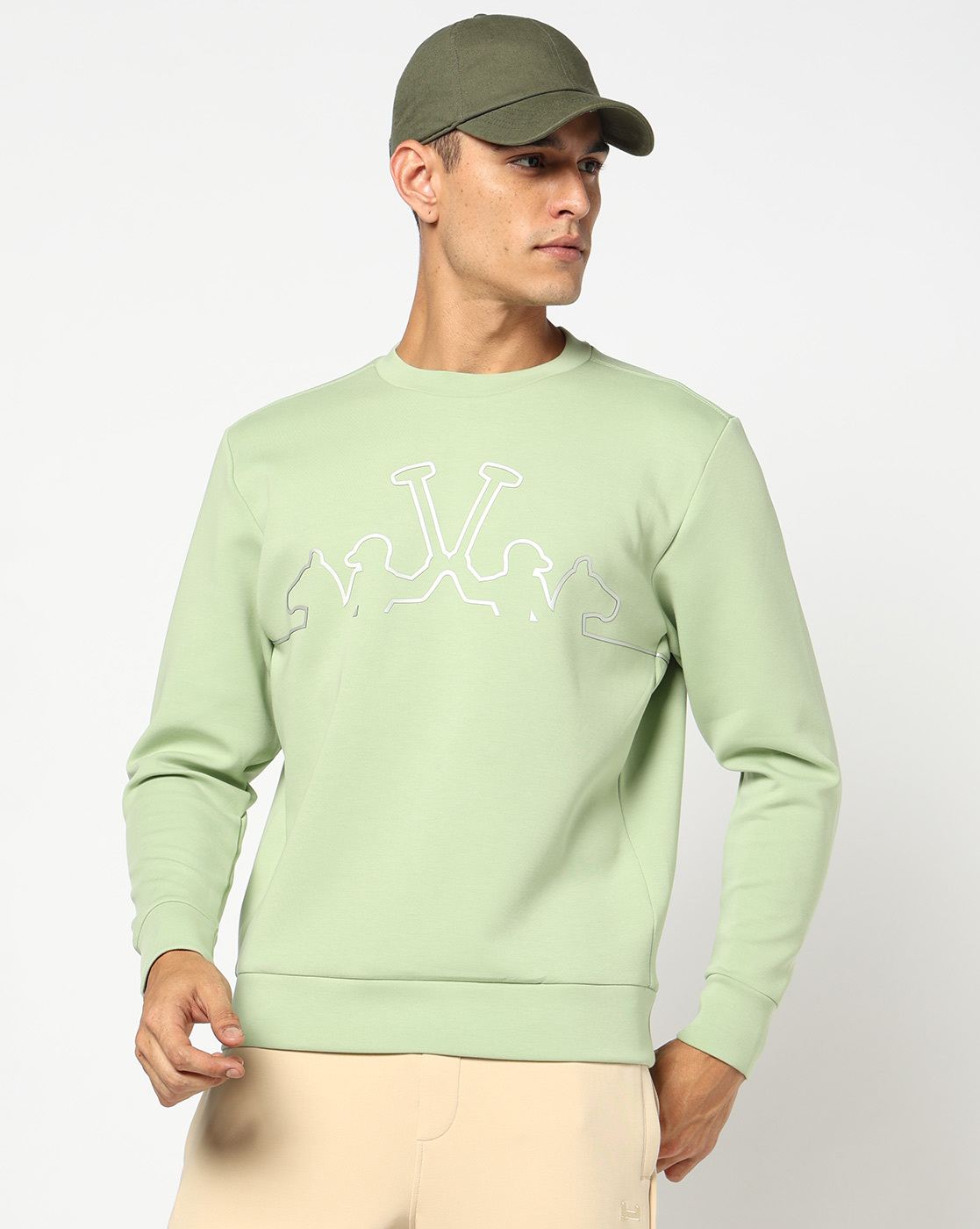 Cotton Stretch Solid Regular Fit Round Neck Green Sweatshirt