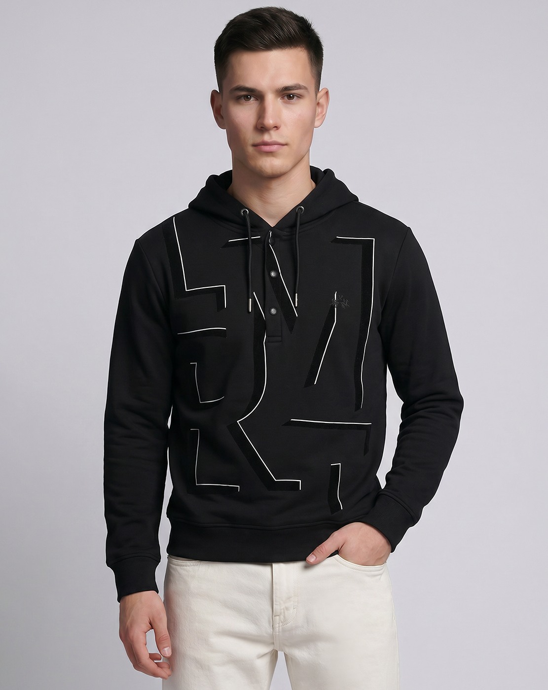 Cotton Blend Solid Regular Fit Black Hoodie Sweatshirt