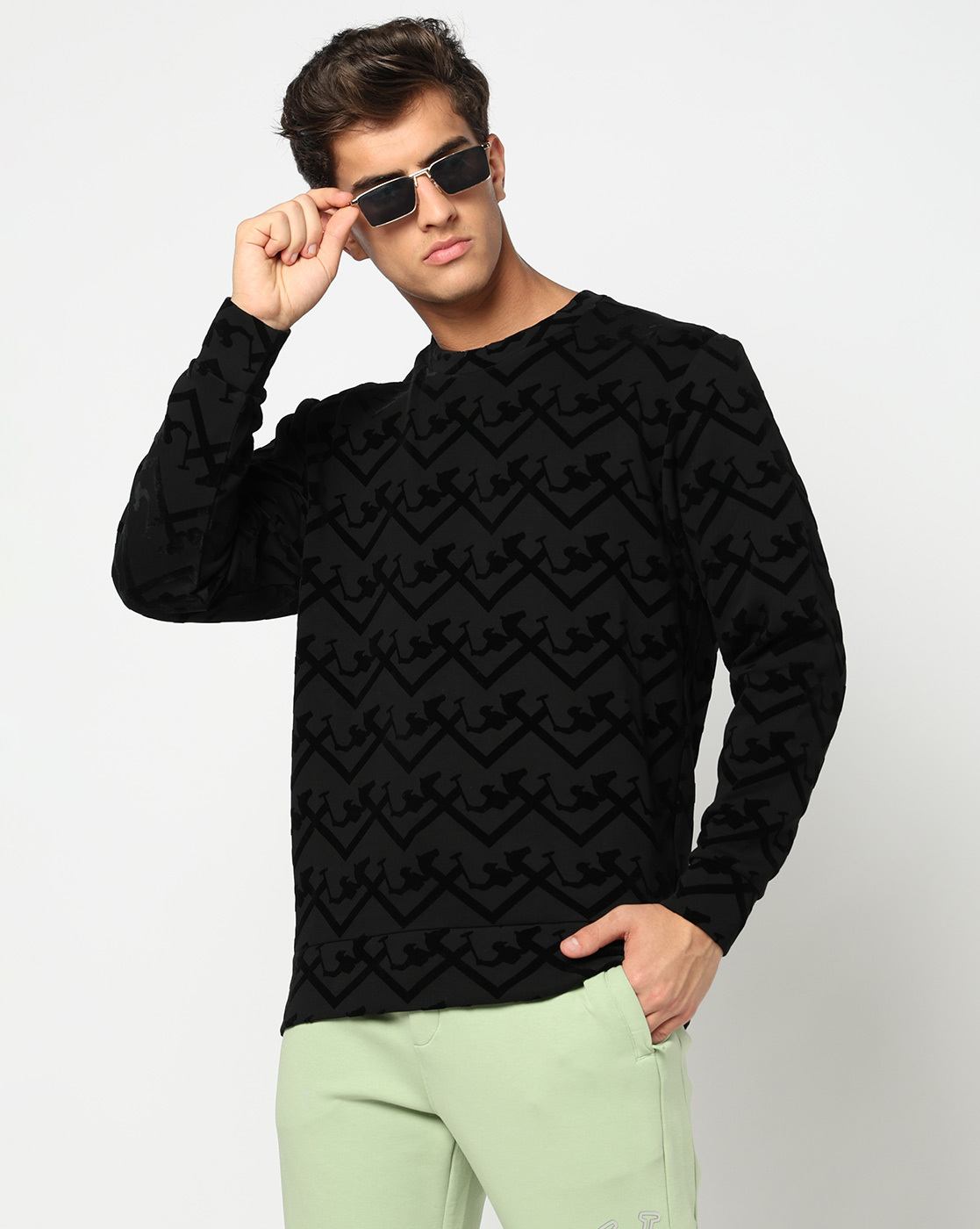 Cotton Blend All Over Print Regular Fit Black Sweatshirt