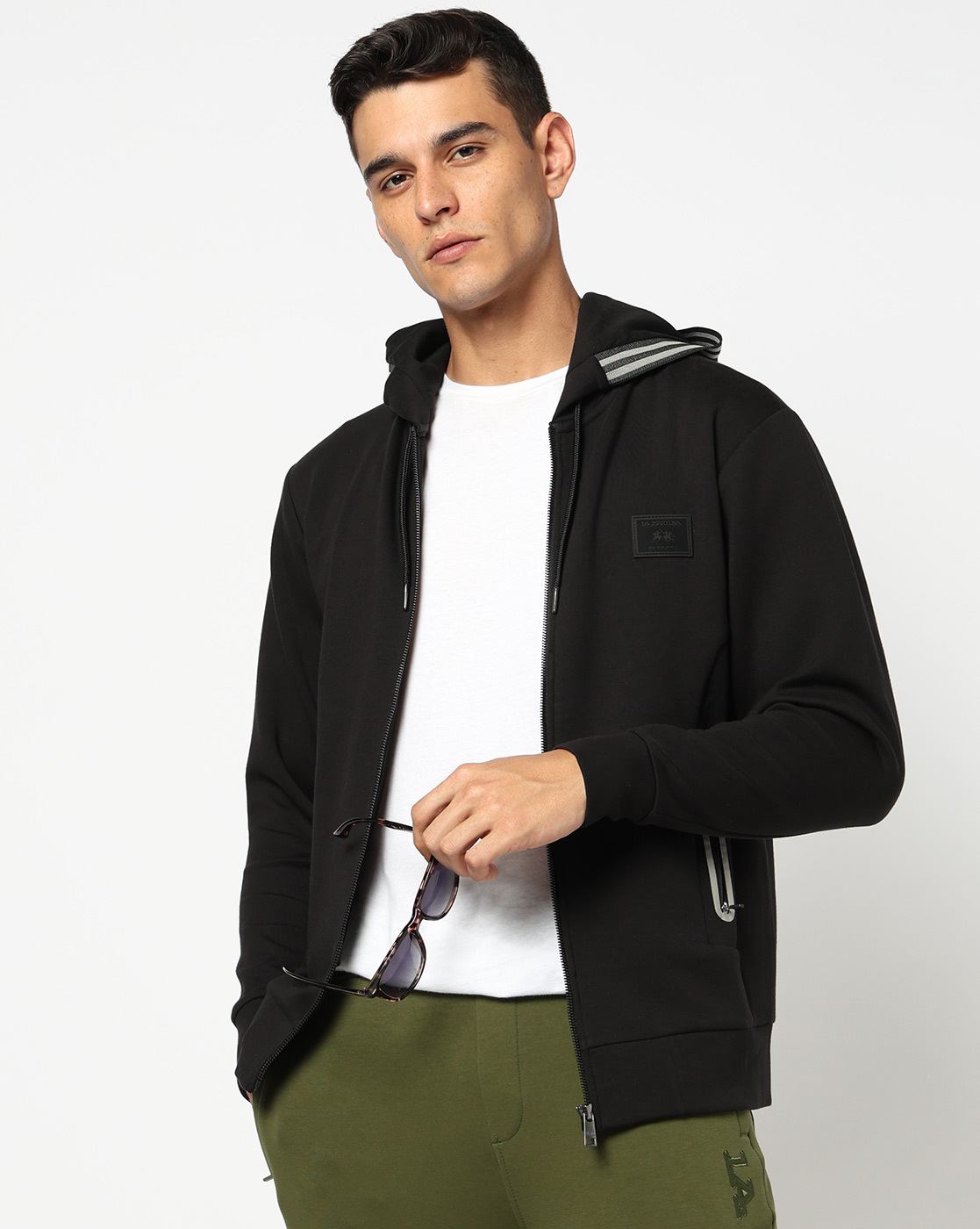 Cotton Stretch Solid Regular Fit Front Open Hoody Black Sweatshirt