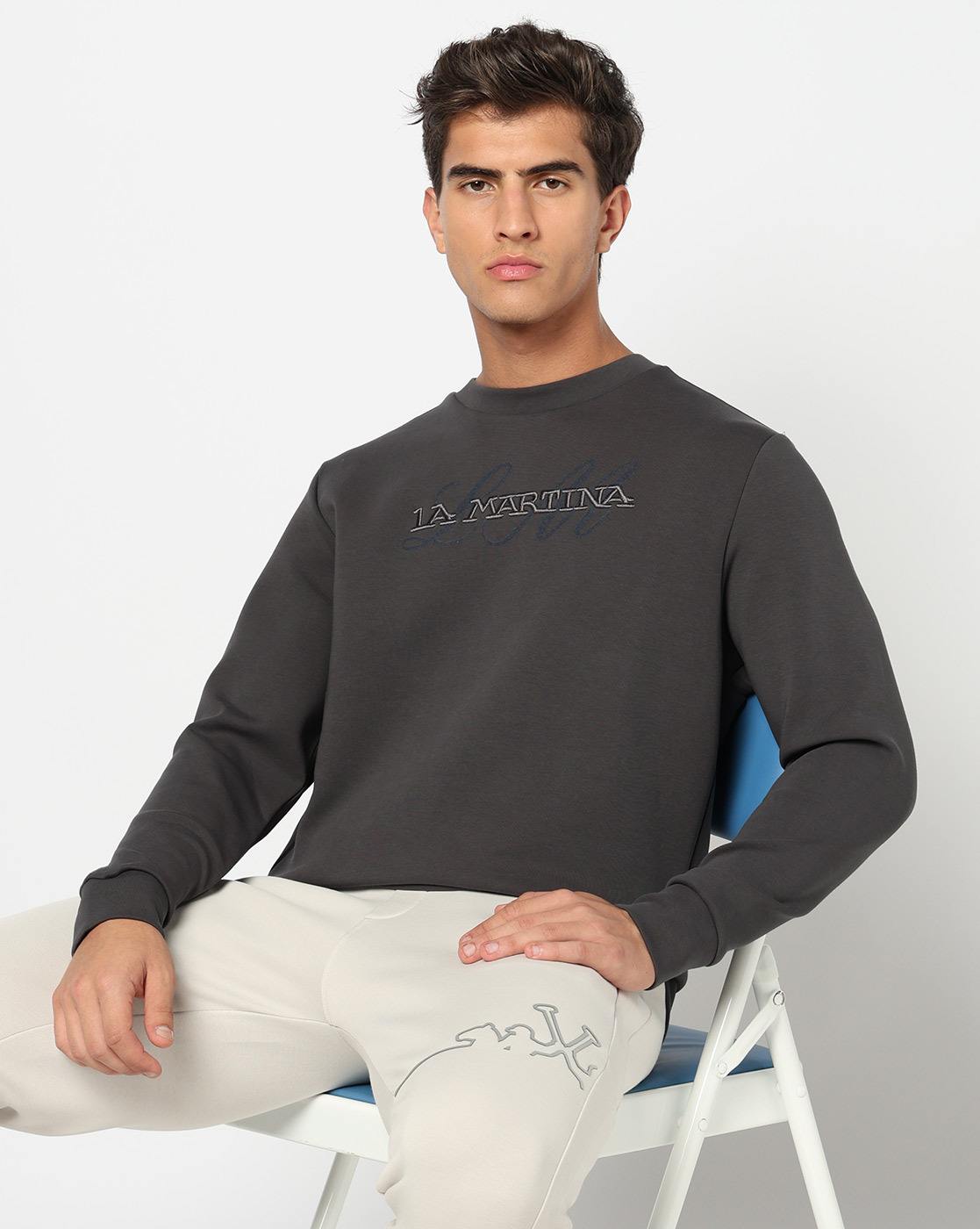Cotton Blend Solid Regular Fit Chest Graphic Sweatshirt