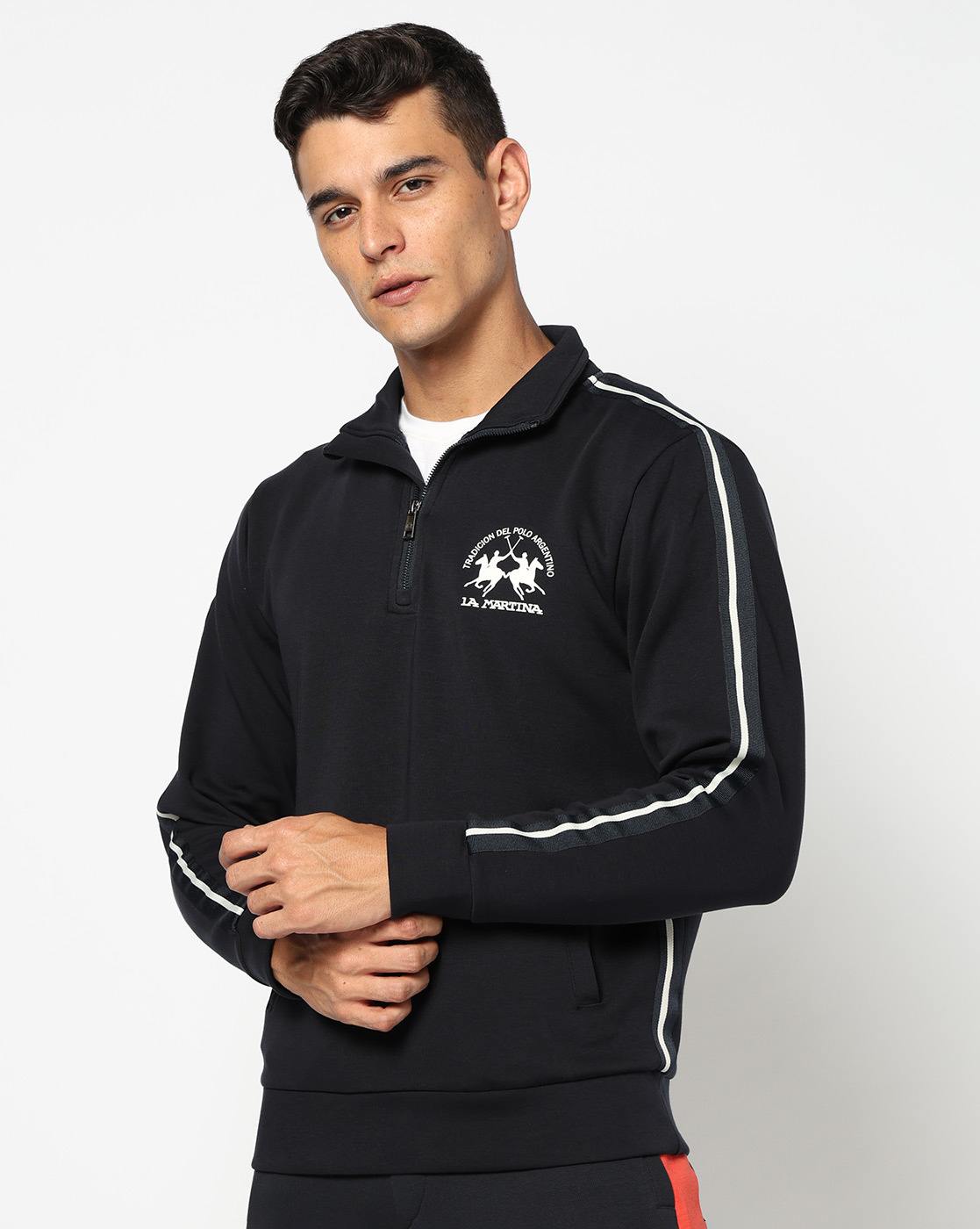 Cotton Blend Solid Regular Fit Half open Navy Sweatshirt