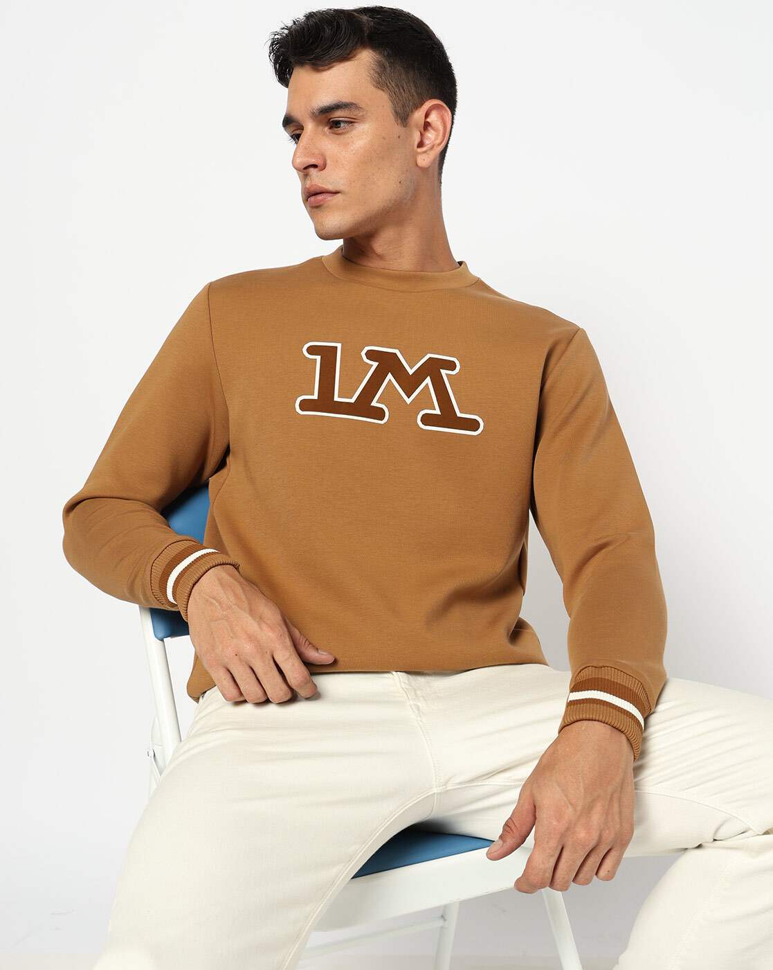 Solid Regular Fit Chest Graphic Brown Sweatshirt
