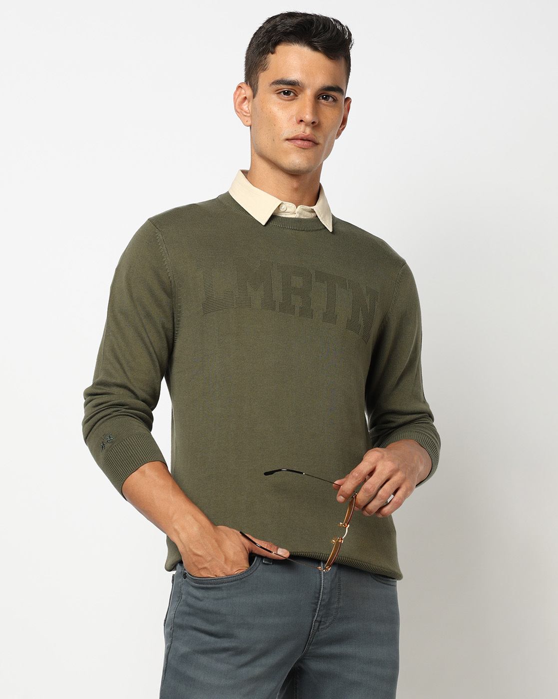 Cotton Solid Regular Fit Round Neck Green Sweater