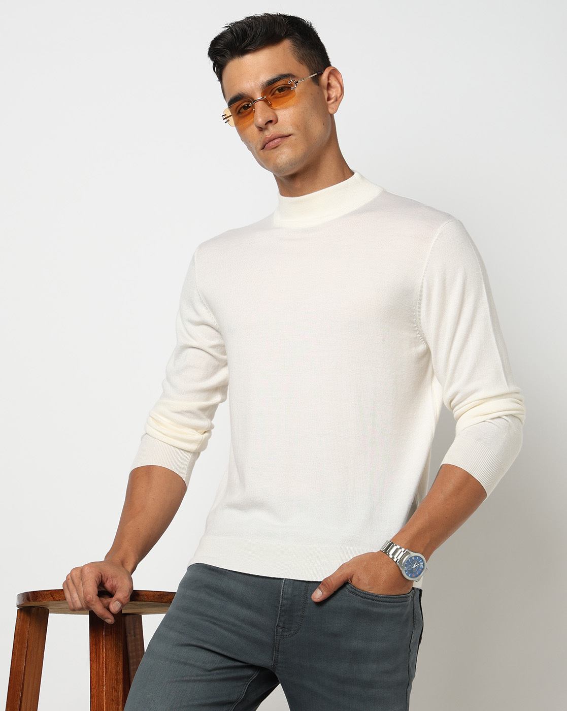 Wool Solid Regular Fit High Neck White Sweater