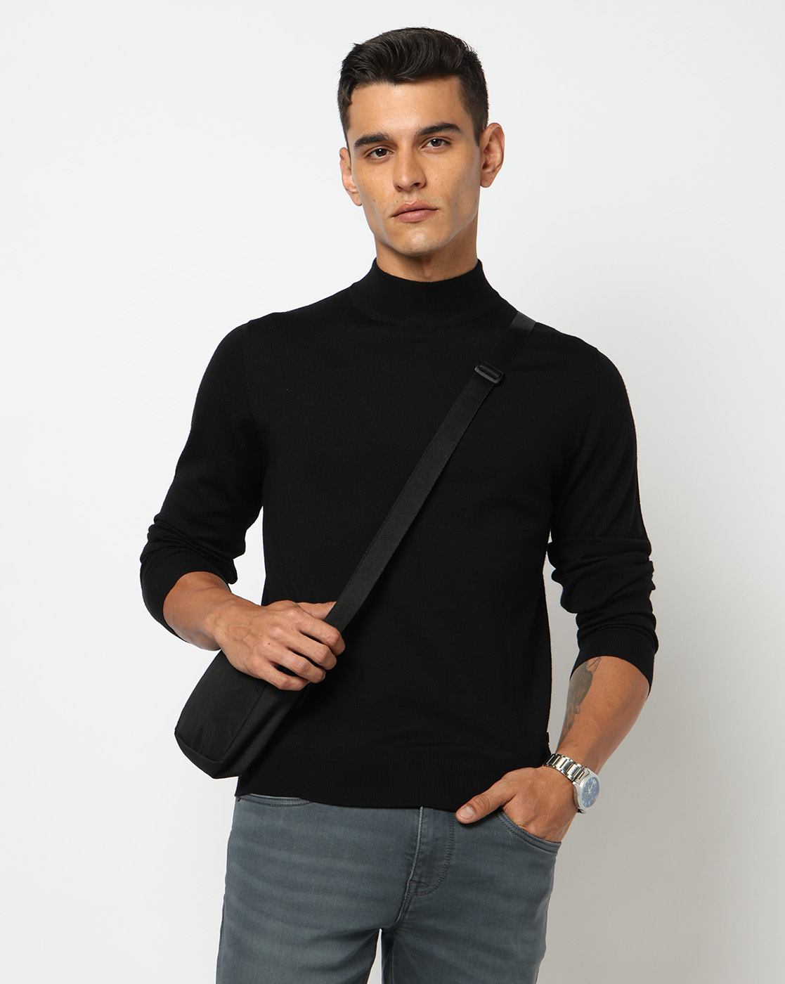 Wool Solid Regular Fit High Neck Black Sweater