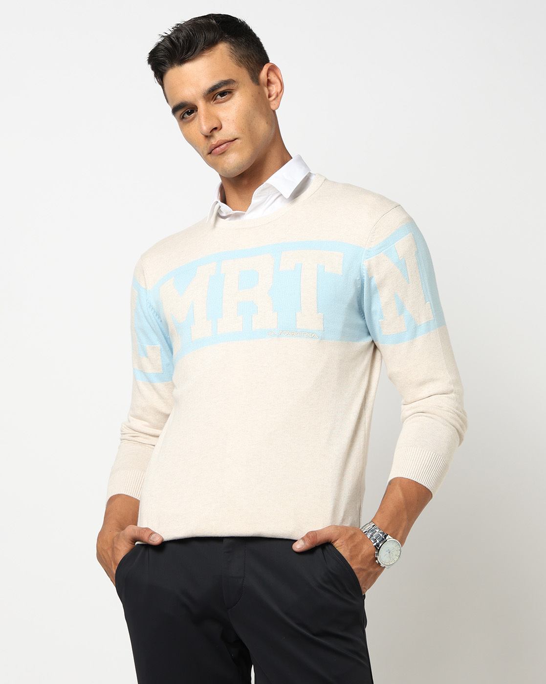 Cotton Solid Regular Fit Round Neck Off-White Sweater