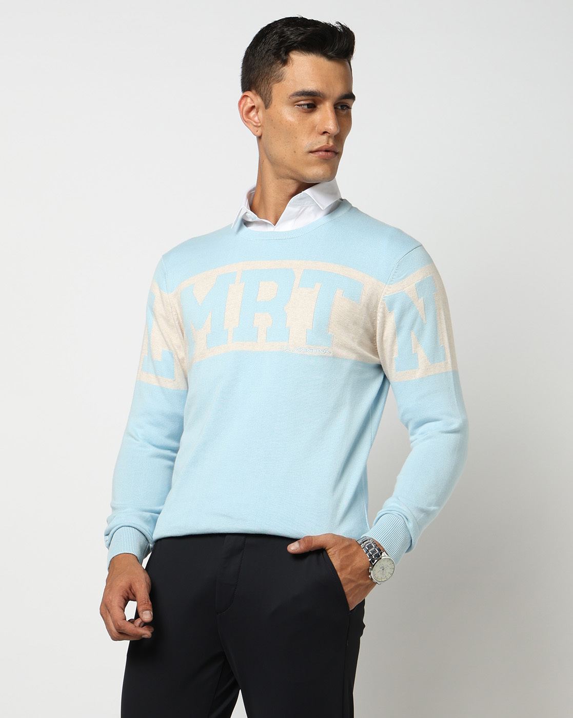 Cotton Solid Regular Fit Round Neck Blue Sweater