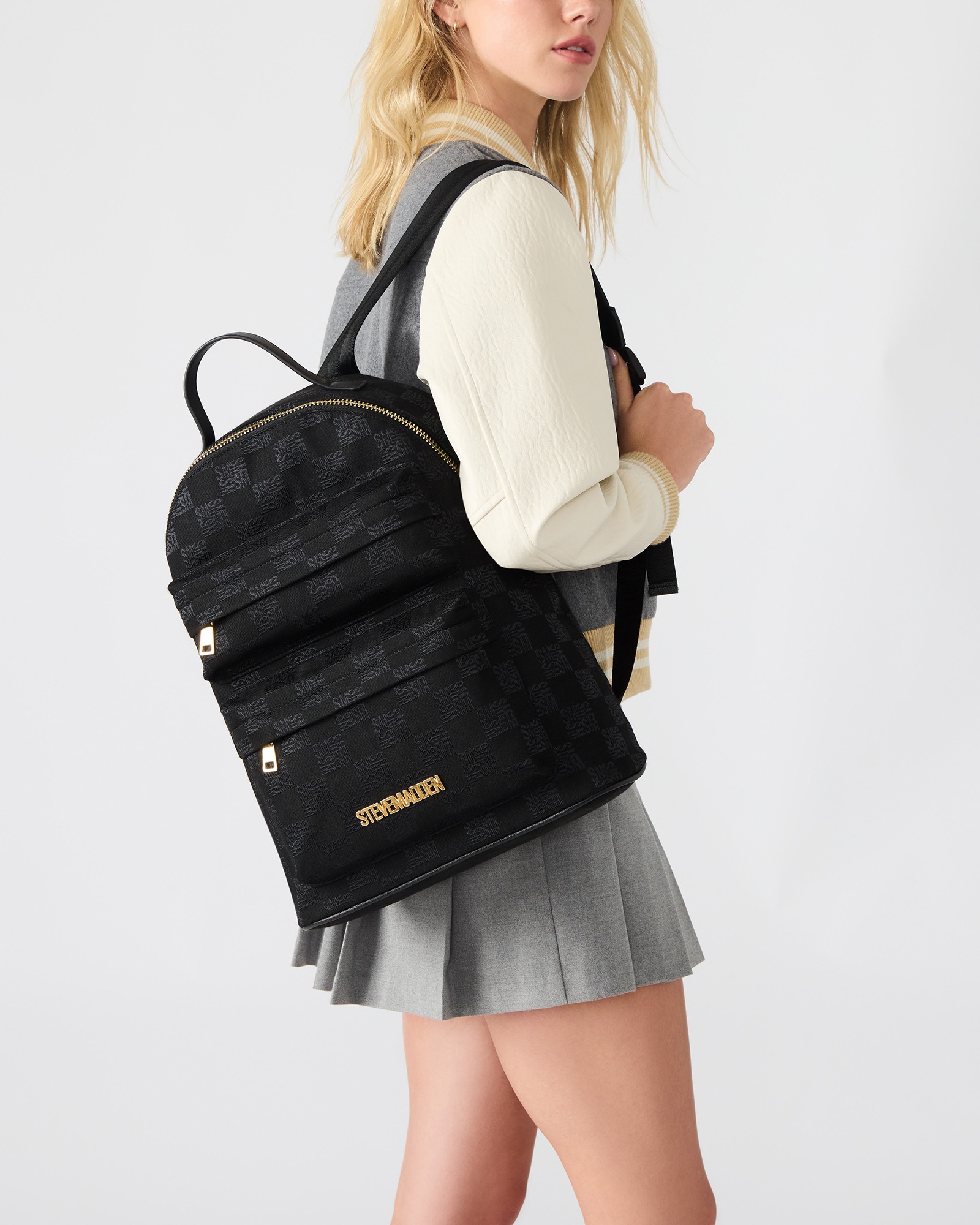 Steve Madden Black & Gold Logo Backpack – Chic & Spacious Steve Madden Black Quilted Backpack Gold | Mercari main image 2
