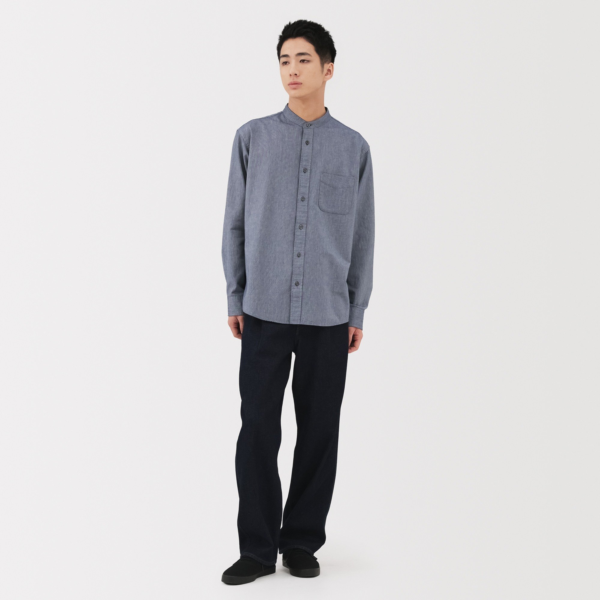 M's Washed oxford stand collar L/Slv shirt