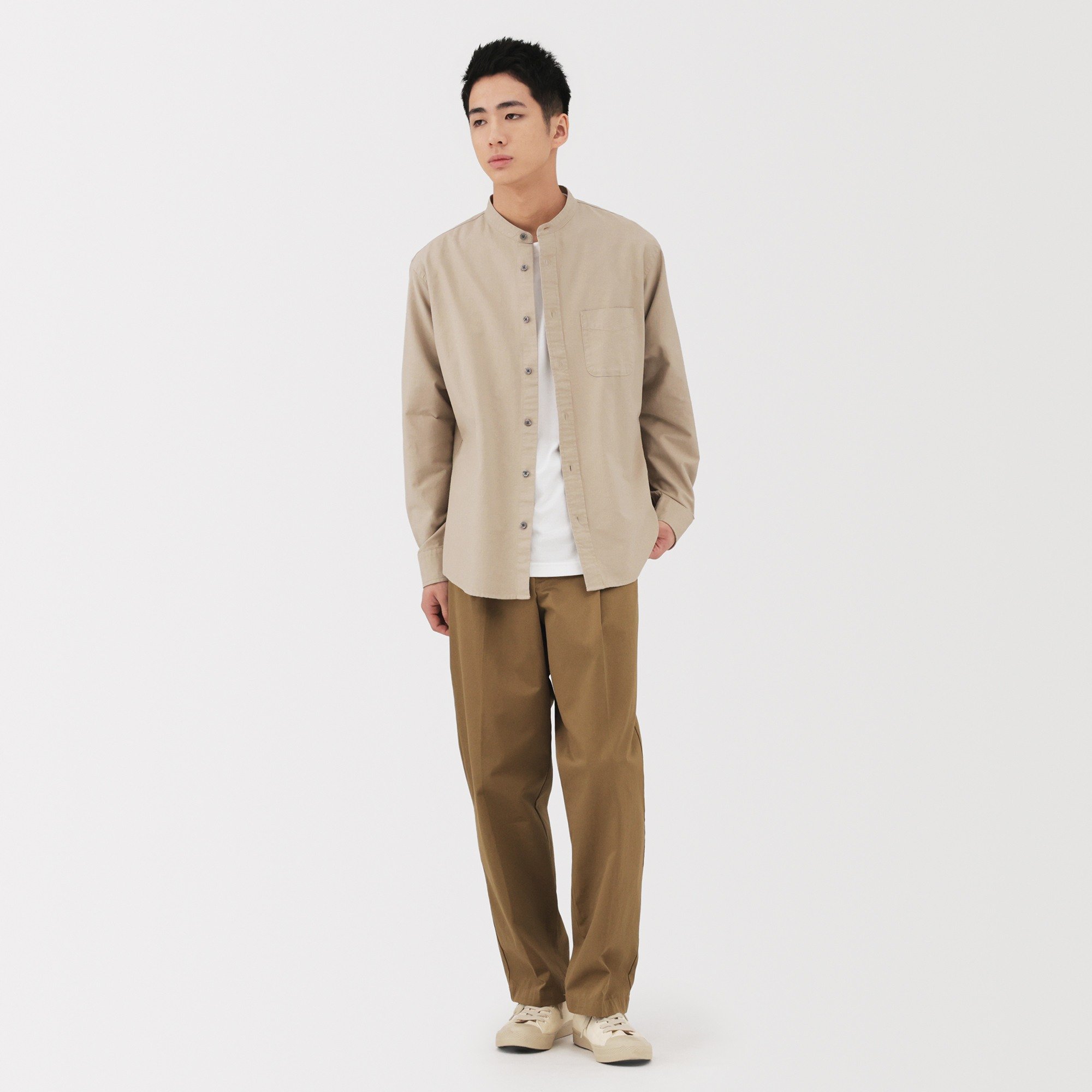 MUJI | M's Washed oxford stand collar L/Slv shirt
